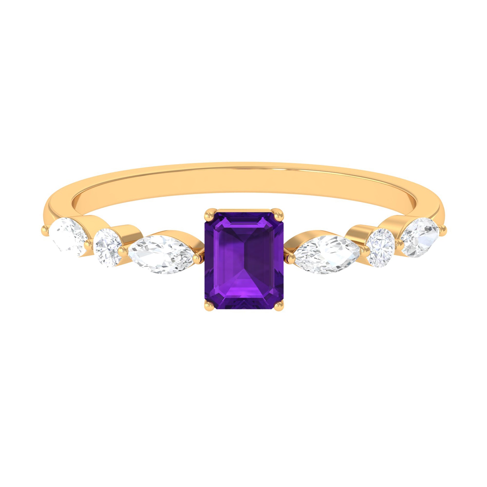 Octagon Amethyst Solitaire Ring with Diamond Side Stones Amethyst - ( AAA ) - Quality - Rosec Jewels