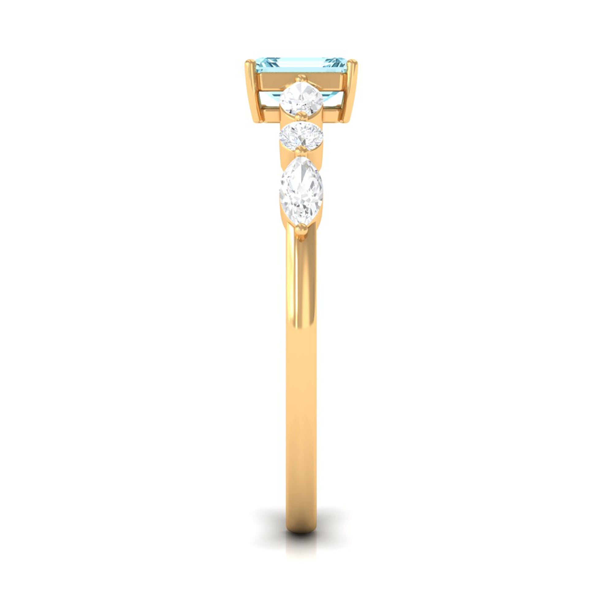 Octagon Aquamarine Solitaire Ring with Diamond Side Stones Aquamarine - ( AAA ) - Quality - Rosec Jewels