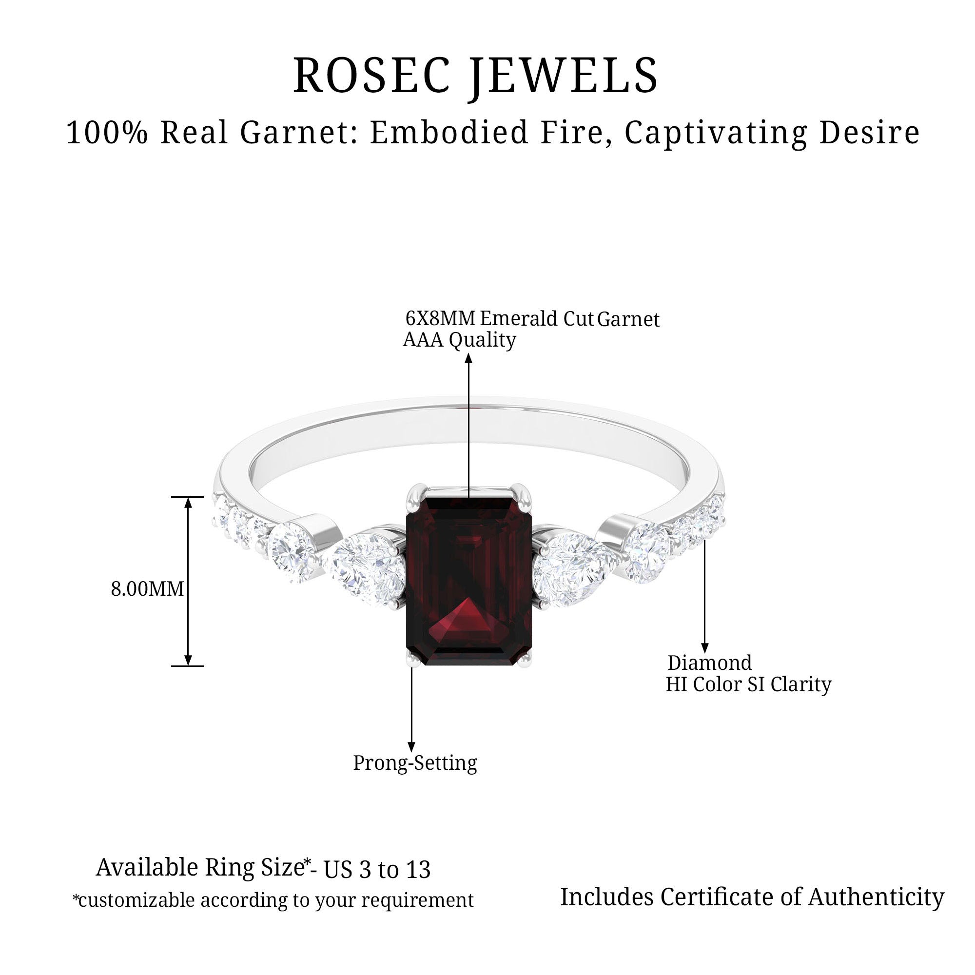 Solitaire Garnet Engagement Ring with Diamond Side Stones Garnet - ( AAA ) - Quality - Rosec Jewels