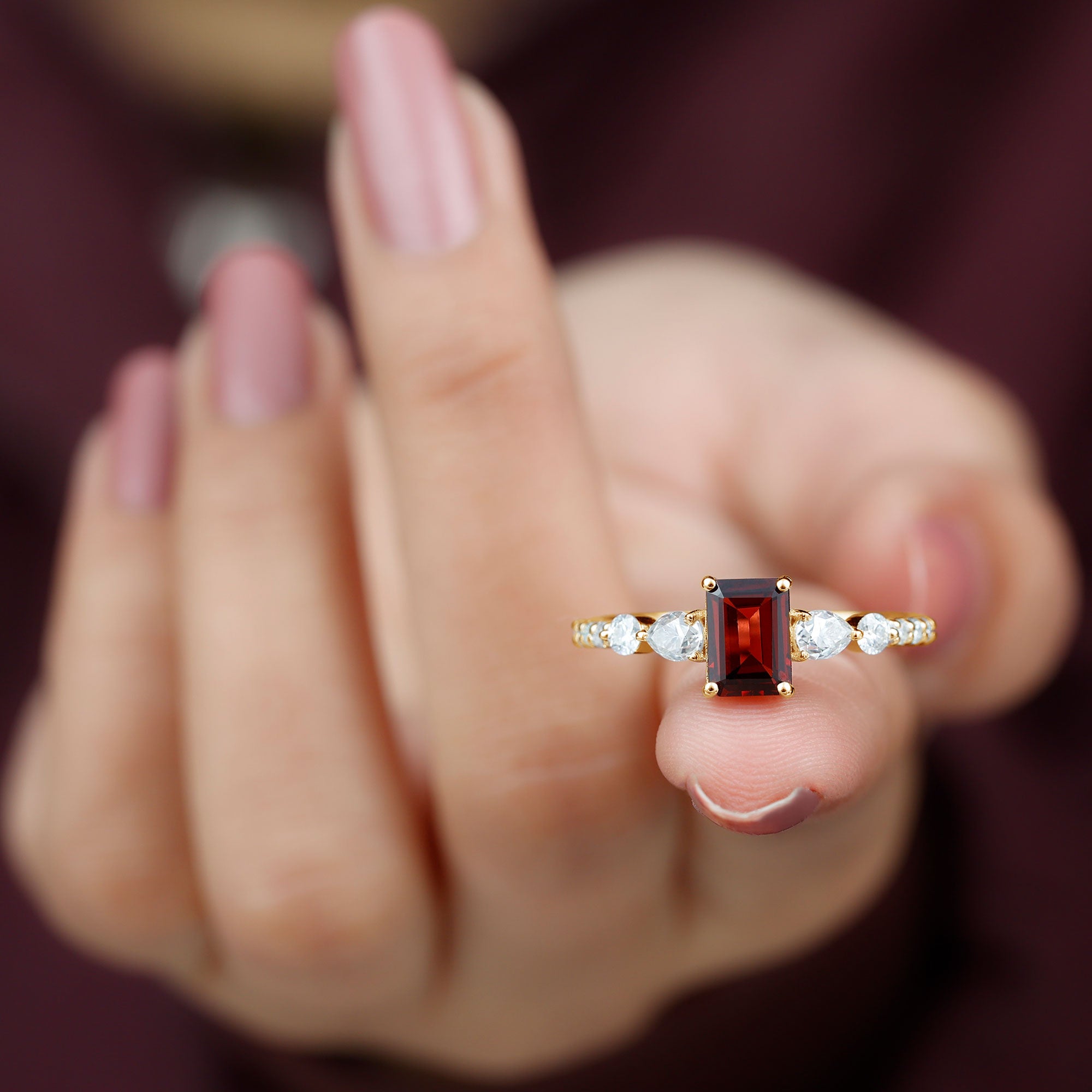 Solitaire Garnet Engagement Ring with Diamond Side Stones Garnet - ( AAA ) - Quality - Rosec Jewels