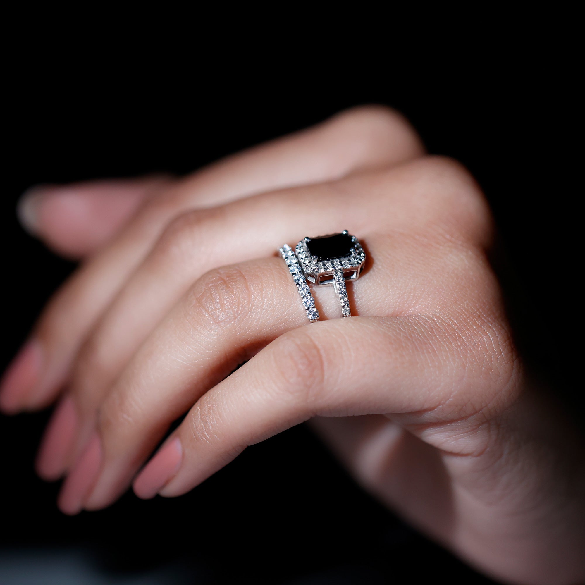 Real Black Onyx and Moissanite Stackable Ring Set Black Onyx - ( AAA ) - Quality - Rosec Jewels