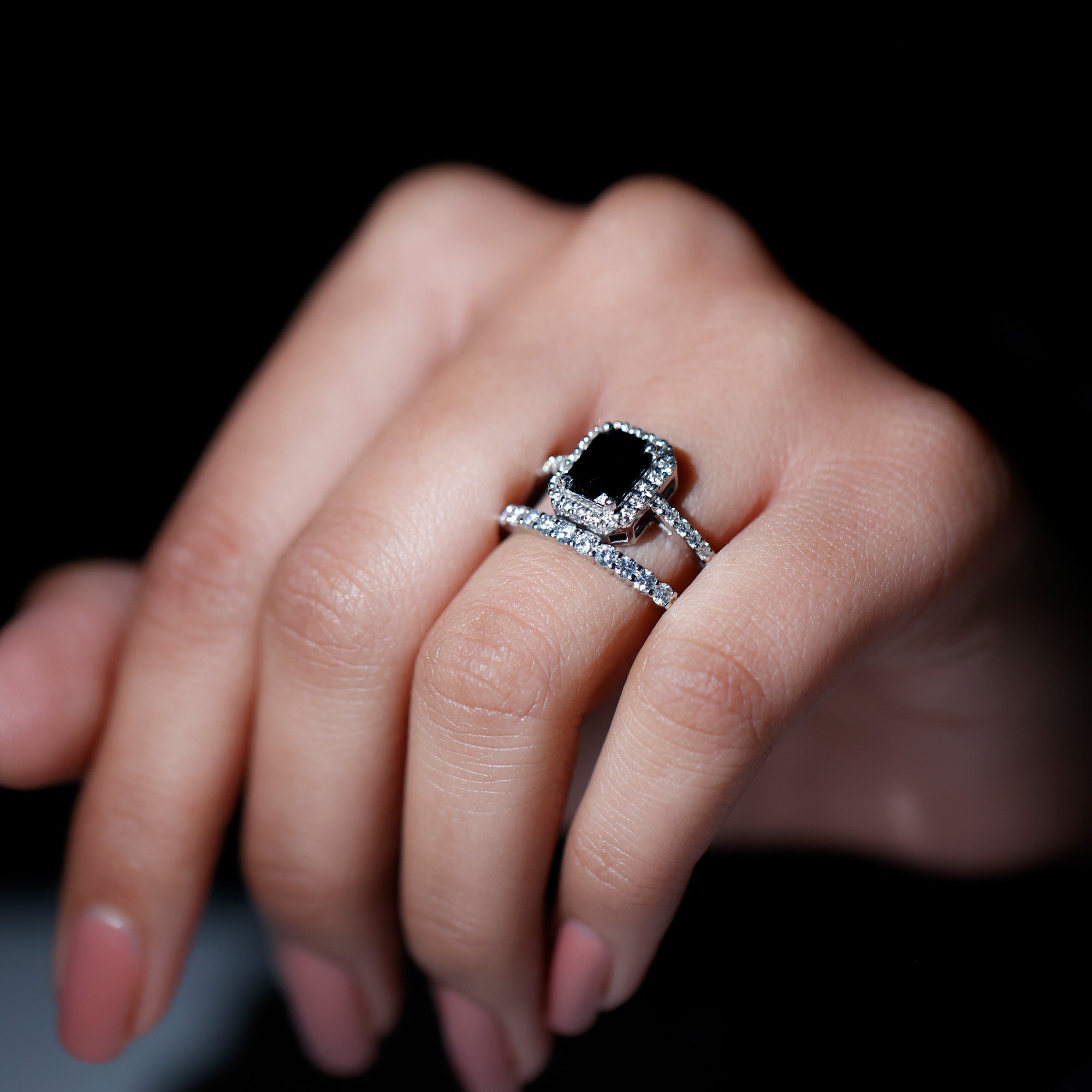 Real Black Onyx and Moissanite Stackable Ring Set Black Onyx - ( AAA ) - Quality 92.5 Sterling Silver 9 - Rosec Jewels