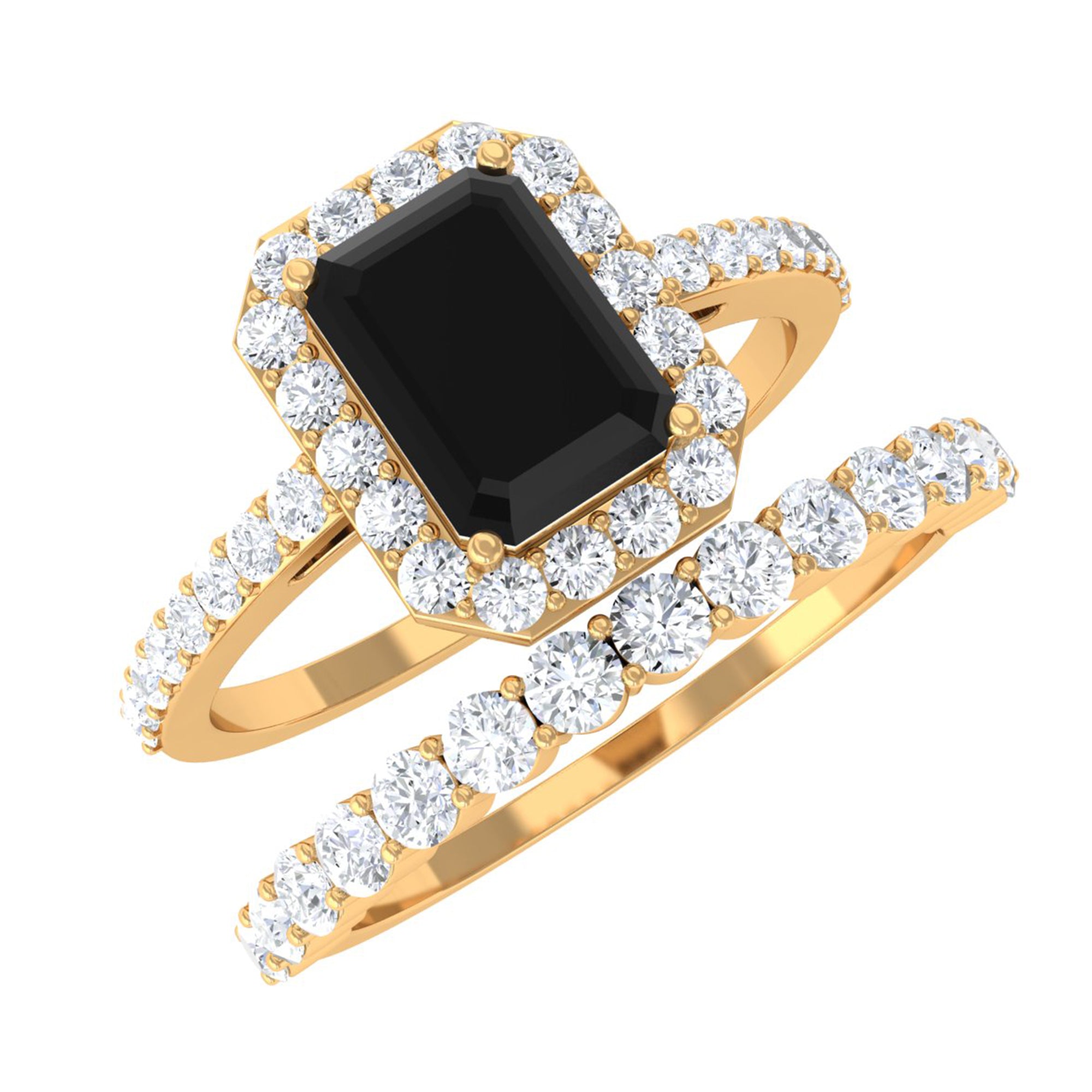 Real Black Onyx and Moissanite Stackable Ring Set Black Onyx - ( AAA ) - Quality - Rosec Jewels