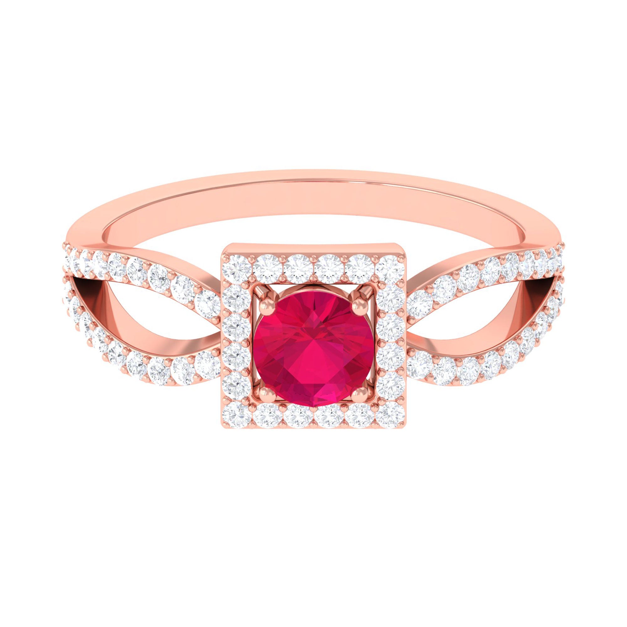 Split Shank Ruby Halo Engagement Ring with Diamond Ruby - ( AAA ) - Quality - Rosec Jewels