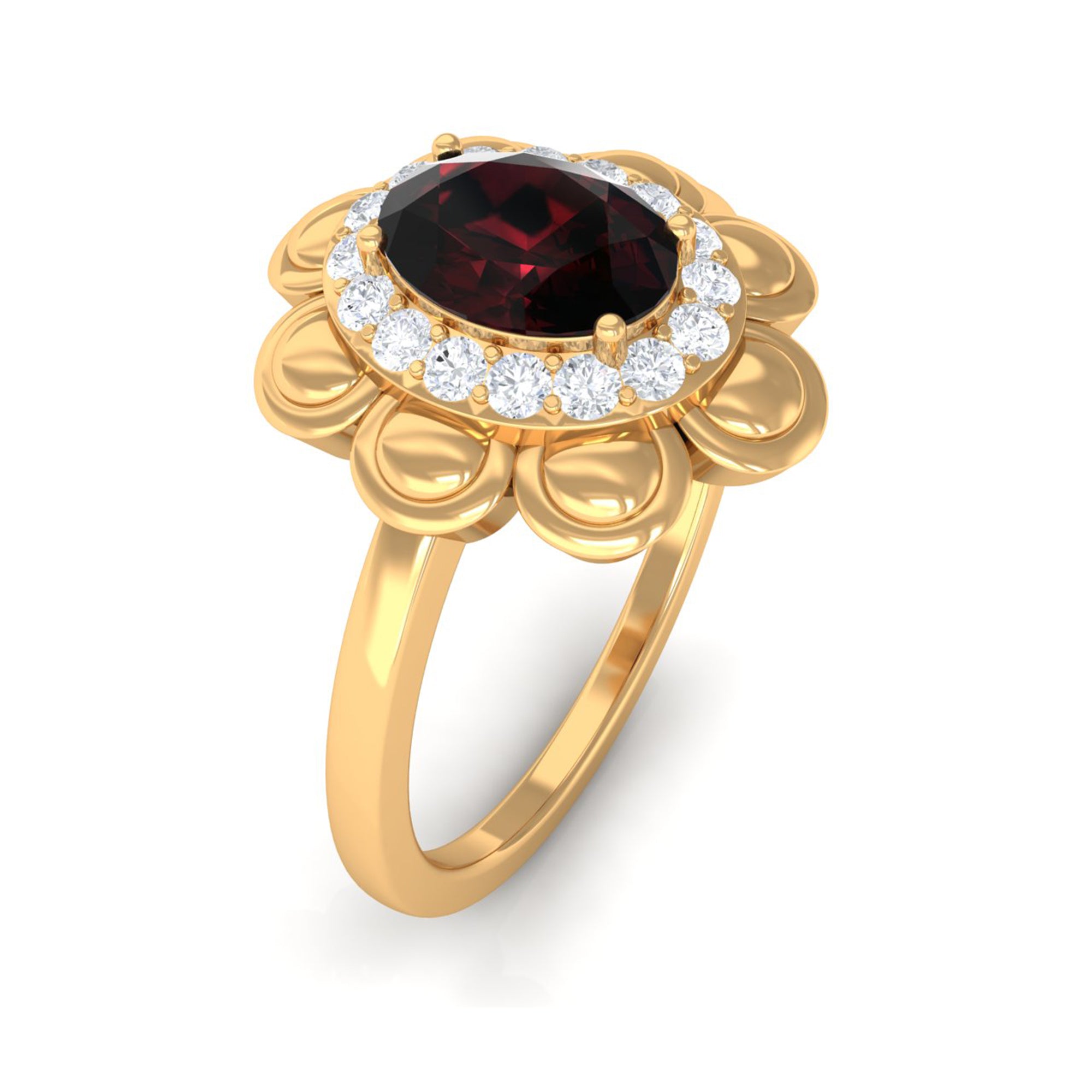 Oval Shape Garnet Flower Engagement Ring with Diamond Halo Garnet - ( AAA ) - Quality - Rosec Jewels