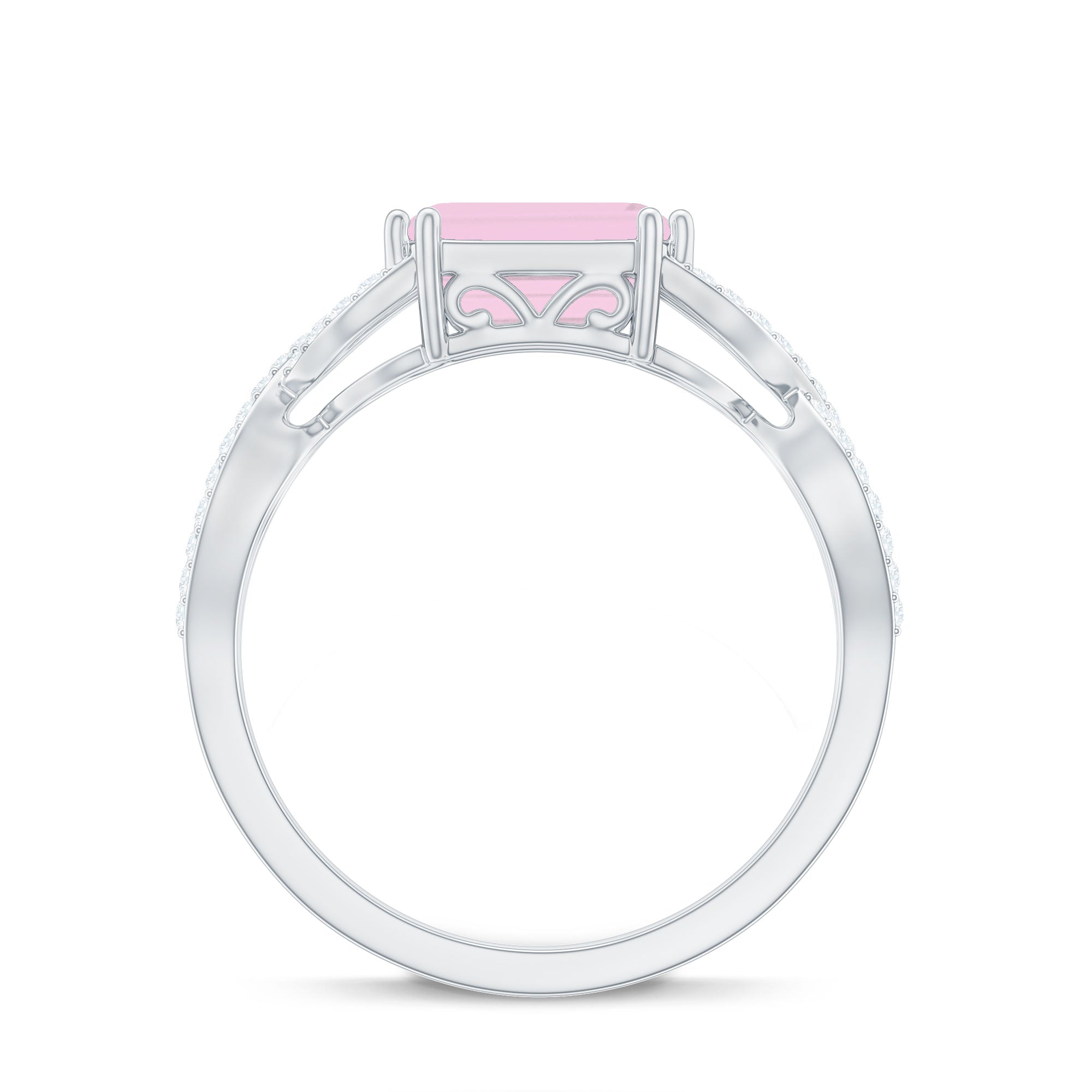 Emerald Cut Rose Quartz East West Crossover Ring with Diamond Rose Quartz - ( AAA ) - Quality - Rosec Jewels