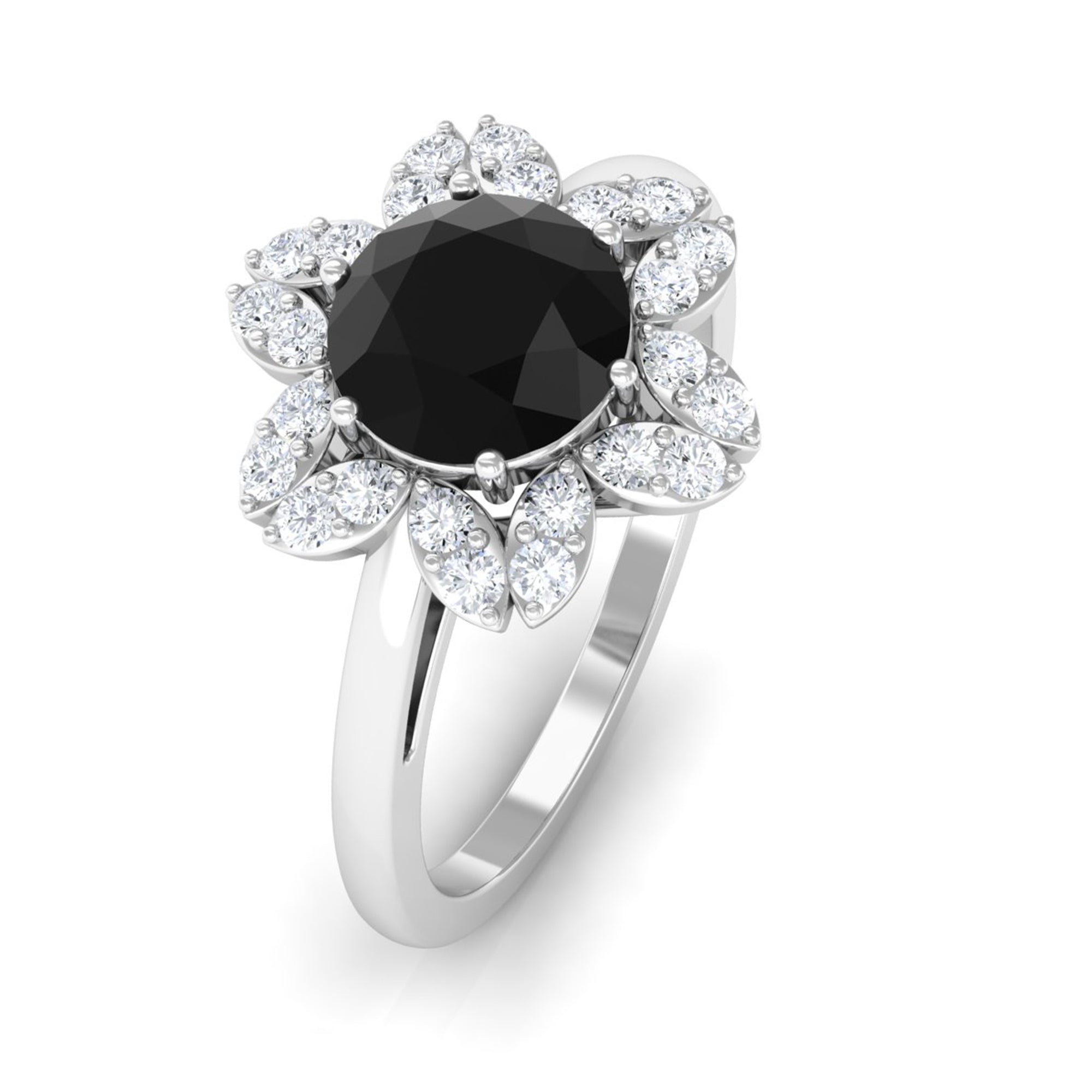 2.25 CT Created Black Diamond Flower Halo Ring with Diamond Lab Created Black Diamond - ( AAAA ) - Quality - Rosec Jewels