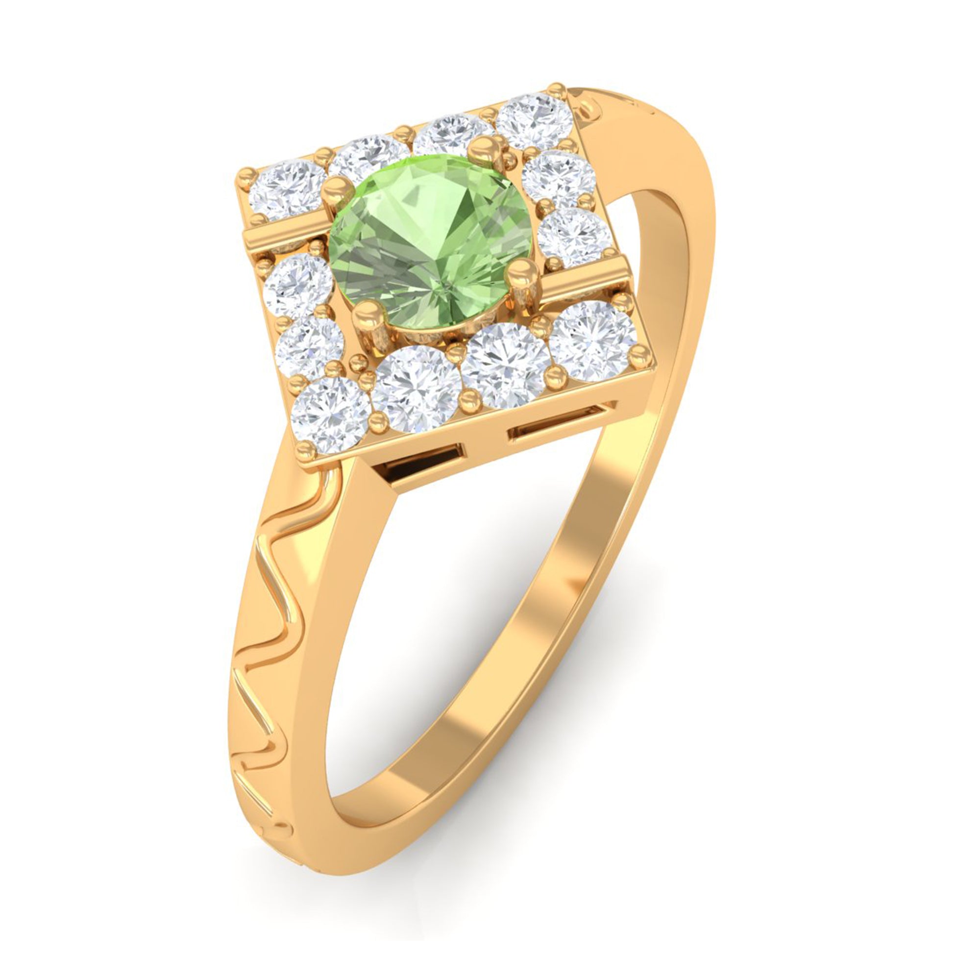 Real Green Sapphire and Diamond Ring with Textured Details Green Sapphire - ( AAA ) - Quality - Rosec Jewels