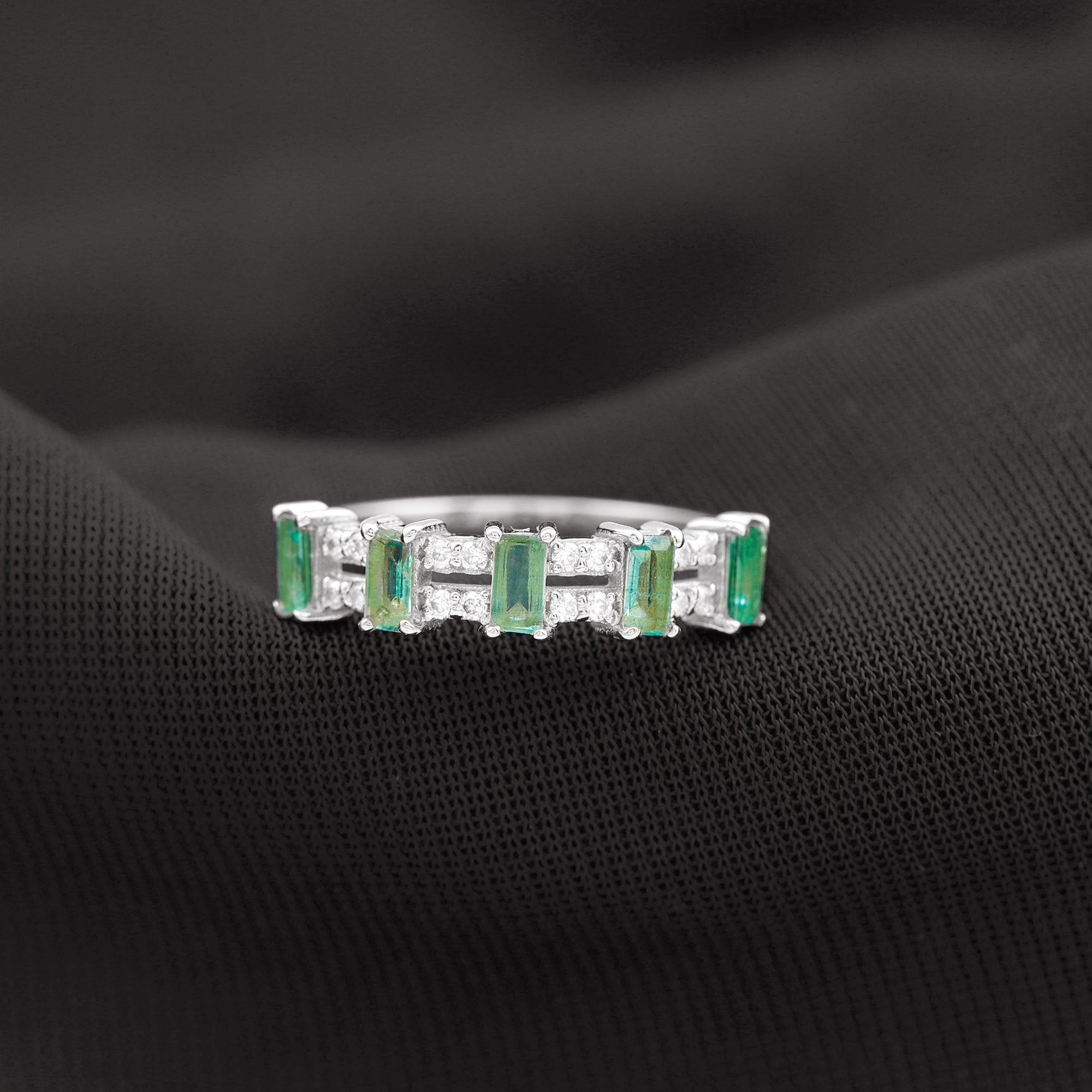 Wide Half Eternity Band Ring with Emerald and Diamond Emerald - ( AAA ) - Quality - Rosec Jewels