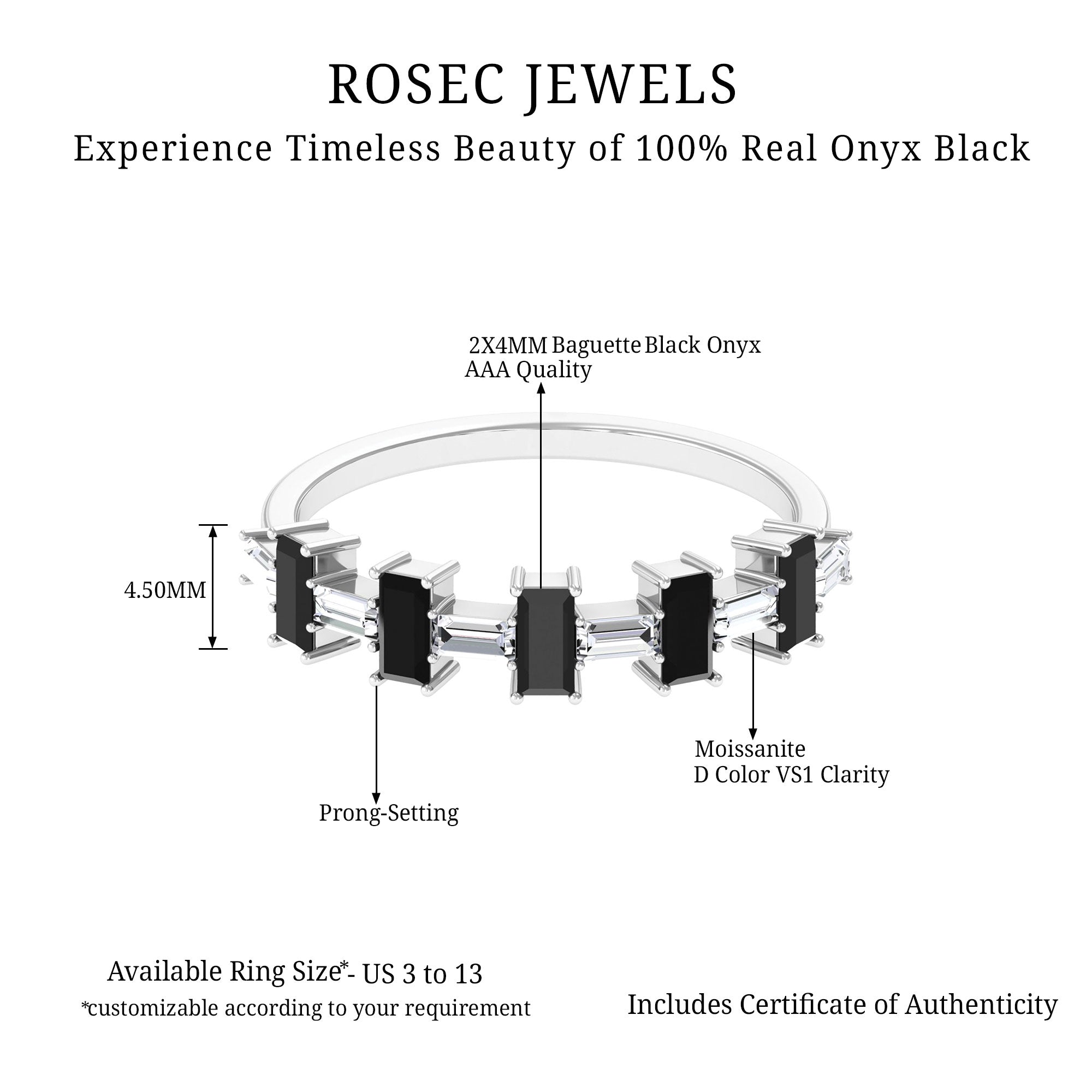 2.75 CT Black Onyx and Moissanite East West Half Eternity Ring Black Onyx - ( AAA ) - Quality - Rosec Jewels