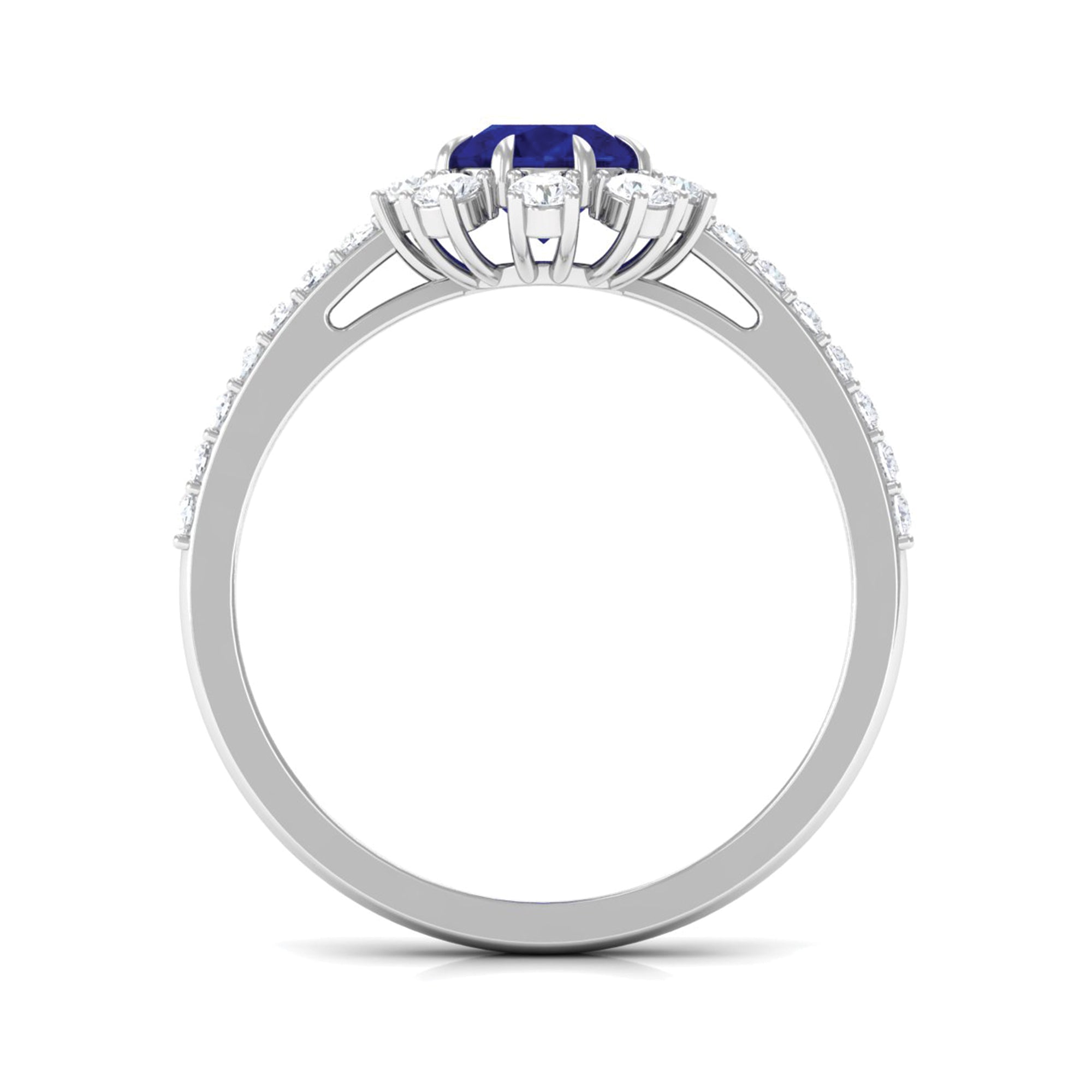 Classic Blue Sapphire Halo Engagement Ring with Diamond Blue Sapphire - ( AAA ) - Quality - Rosec Jewels