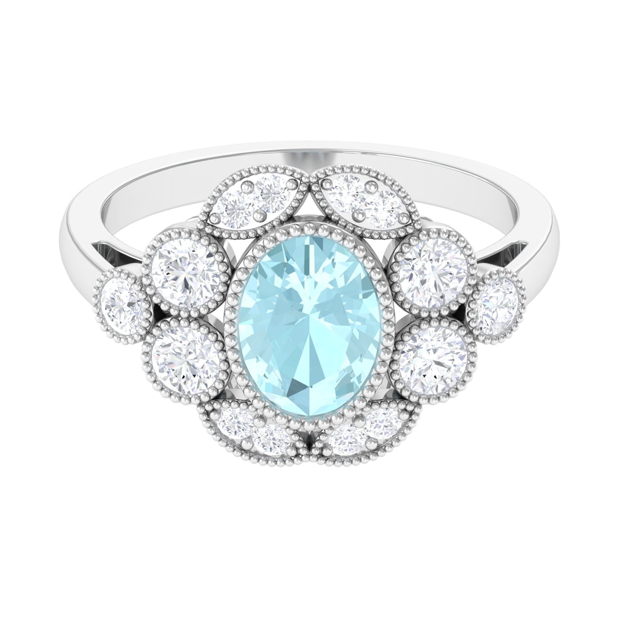 Oval Sky Blue Topaz Statement Engagement Ring with Moissanite Halo Sky Blue Topaz - ( AAA ) - Quality - Rosec Jewels