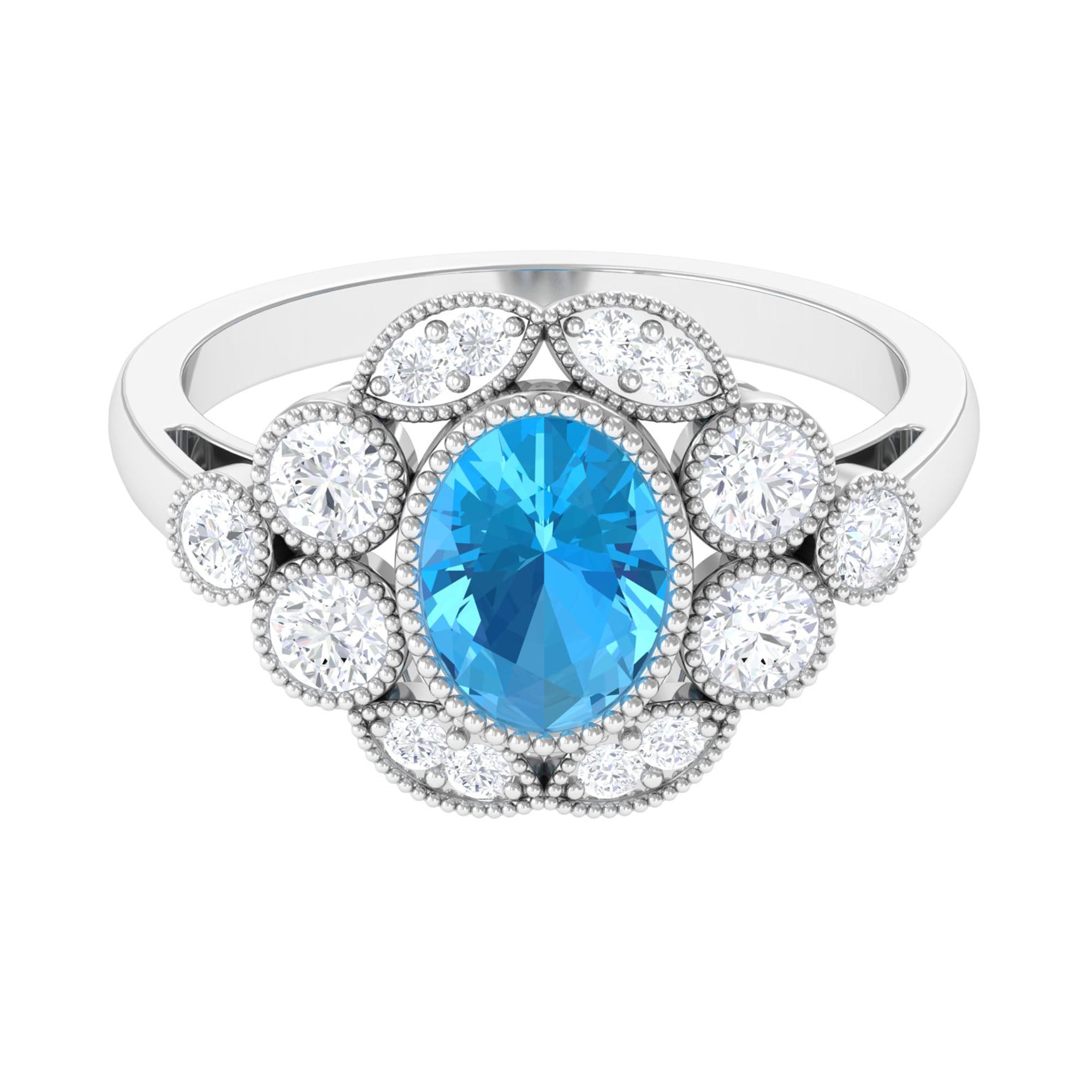 Oval Swiss Blue Topaz Statement Engagement Ring with Moissanite Halo Swiss Blue Topaz - ( AAA ) - Quality - Rosec Jewels