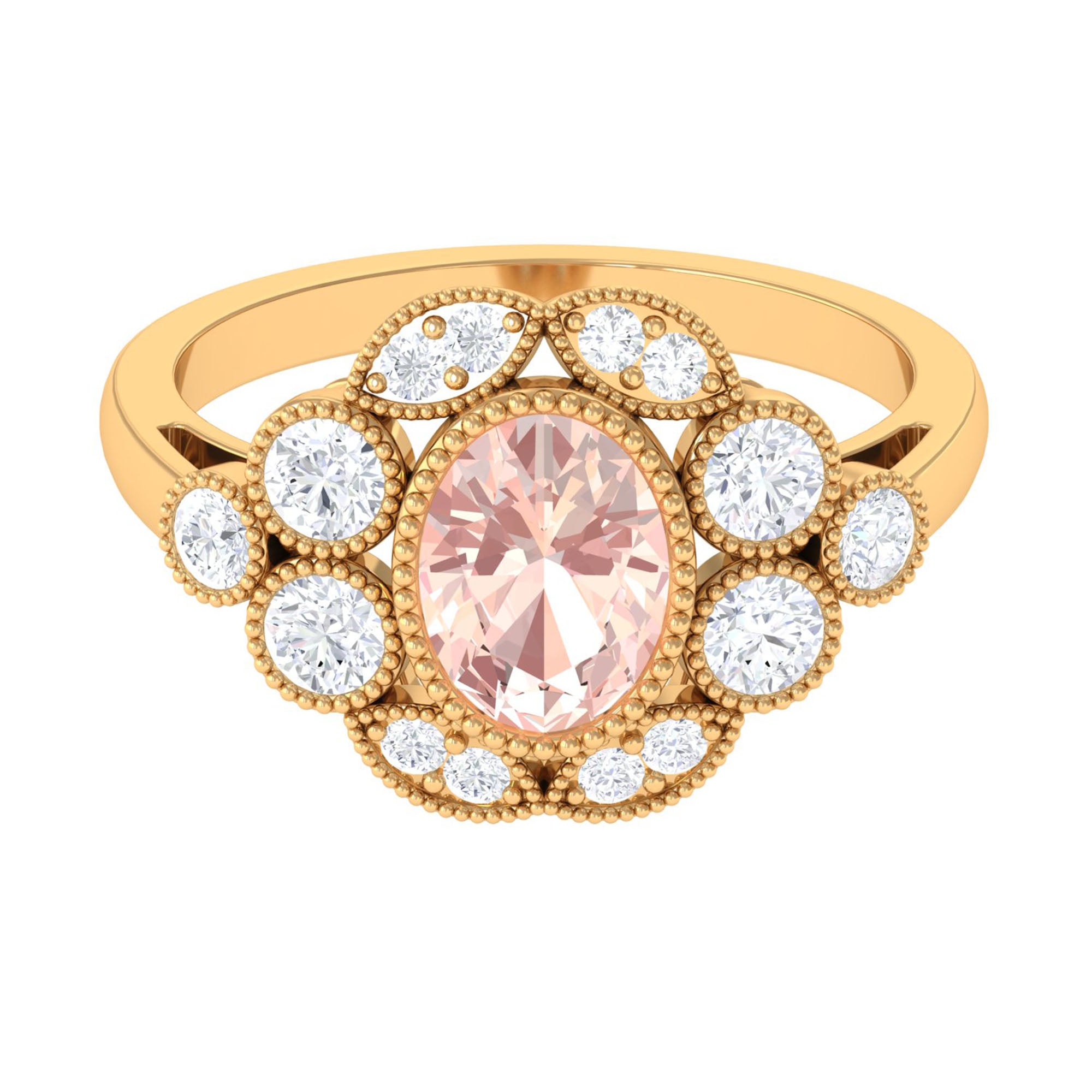 2 CT Oval Morganite Statement Engagement Ring with Diamond Halo Morganite - ( AAA ) - Quality - Rosec Jewels