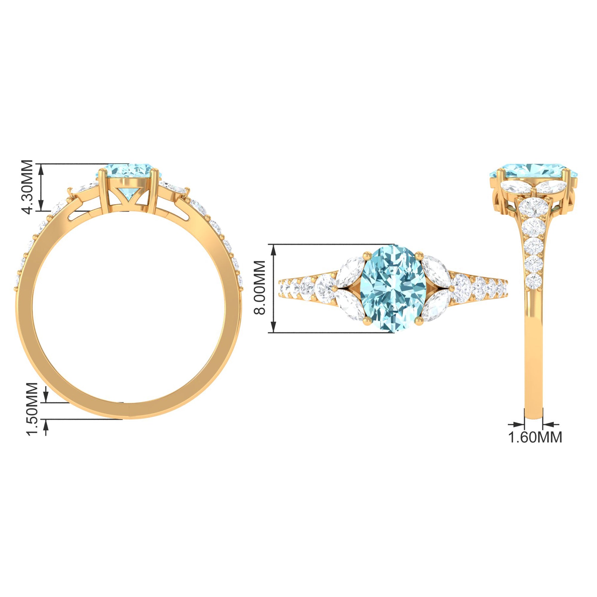 Split Shank Oval Aquamarine Solitaire Ring with Moissanite Aquamarine - ( AAA ) - Quality - Rosec Jewels