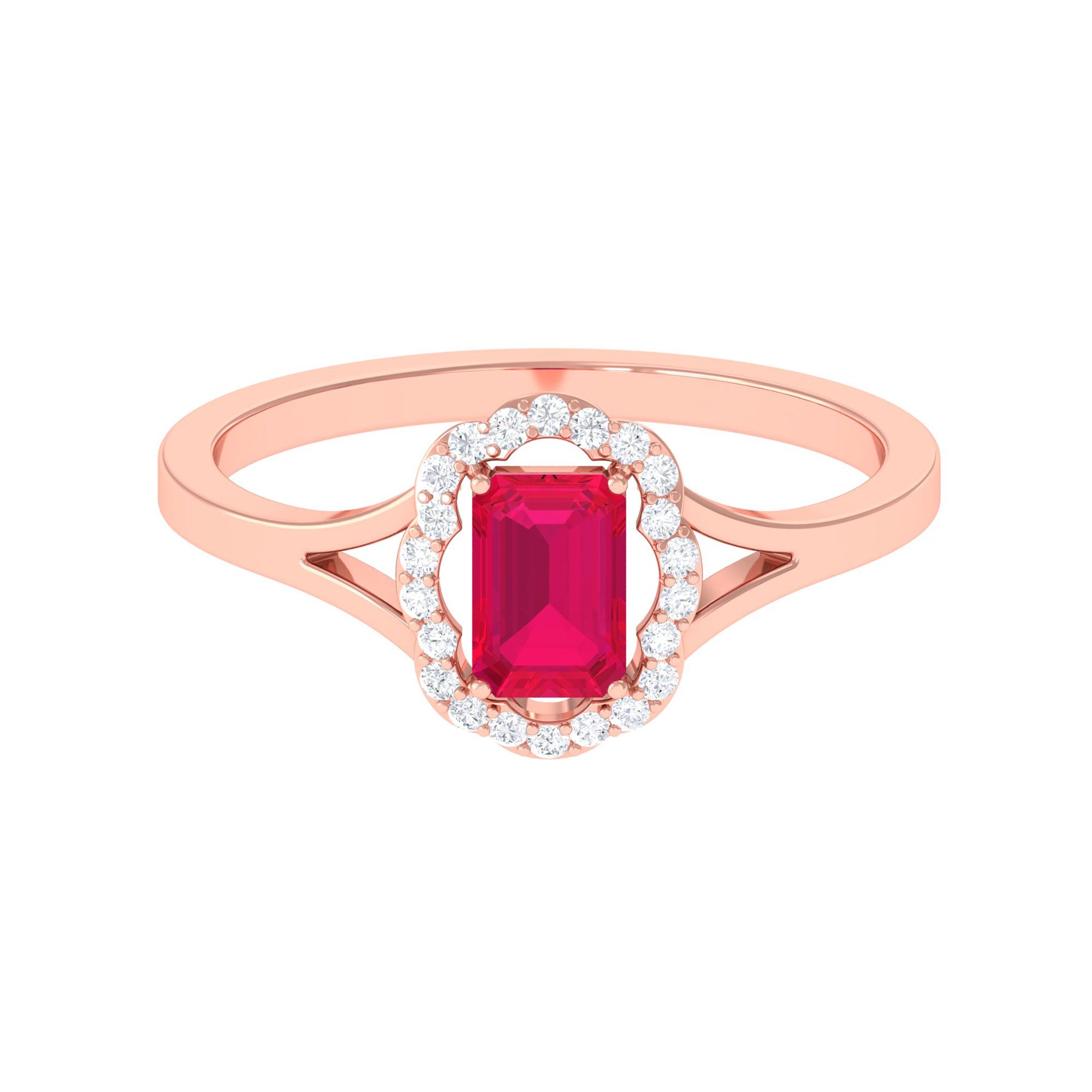 Emerald Cut Ruby and Diamond Floral Halo Ring with Split Shank Ruby - ( AAA ) - Quality - Rosec Jewels