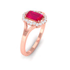 Emerald Cut Ruby and Diamond Floral Halo Ring with Split Shank Ruby - ( AAA ) - Quality - Rosec Jewels