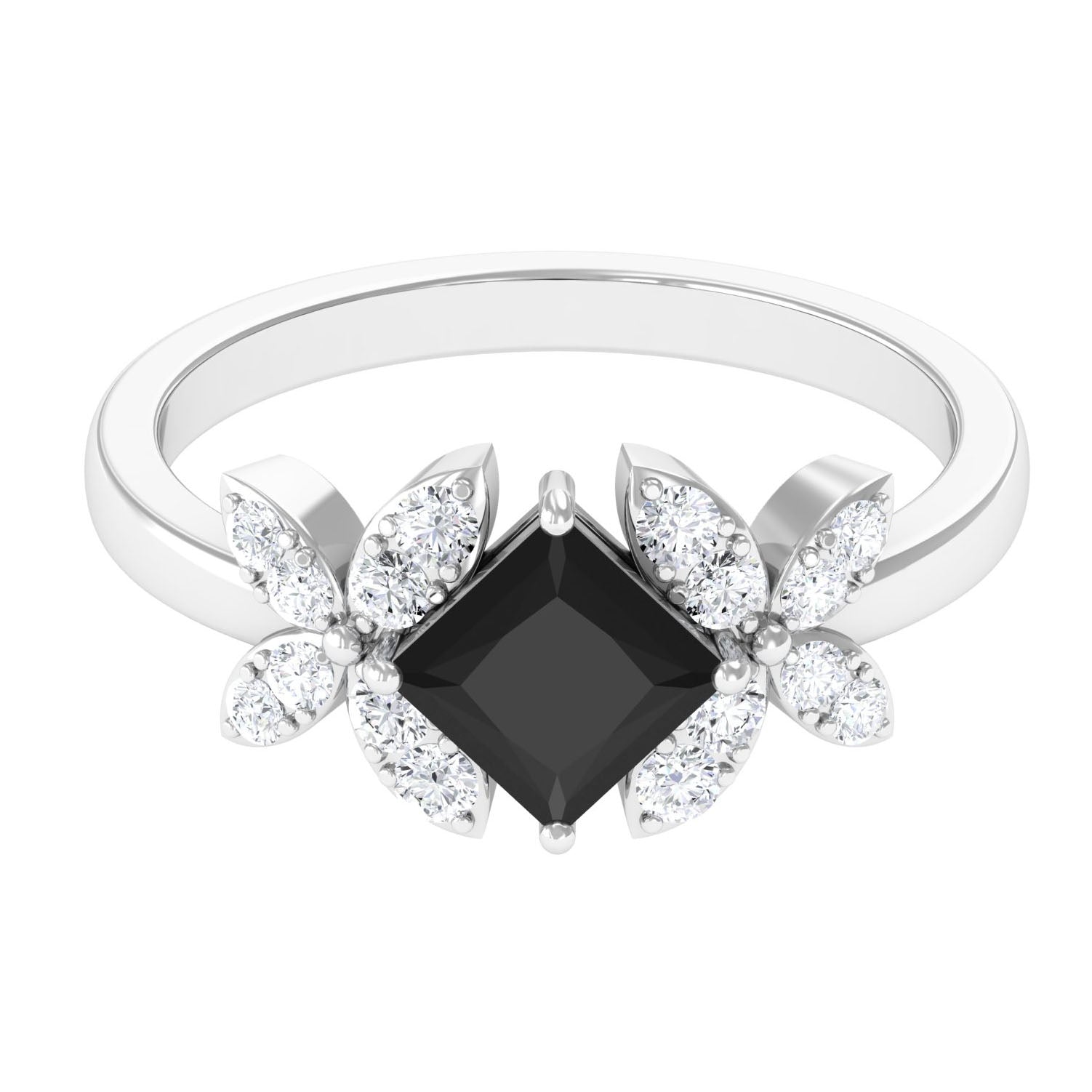 1 CT Princess Cut Black Onyx and Diamond Floral Inspired Engagement Ring Black Onyx - ( AAA ) - Quality - Rosec Jewels