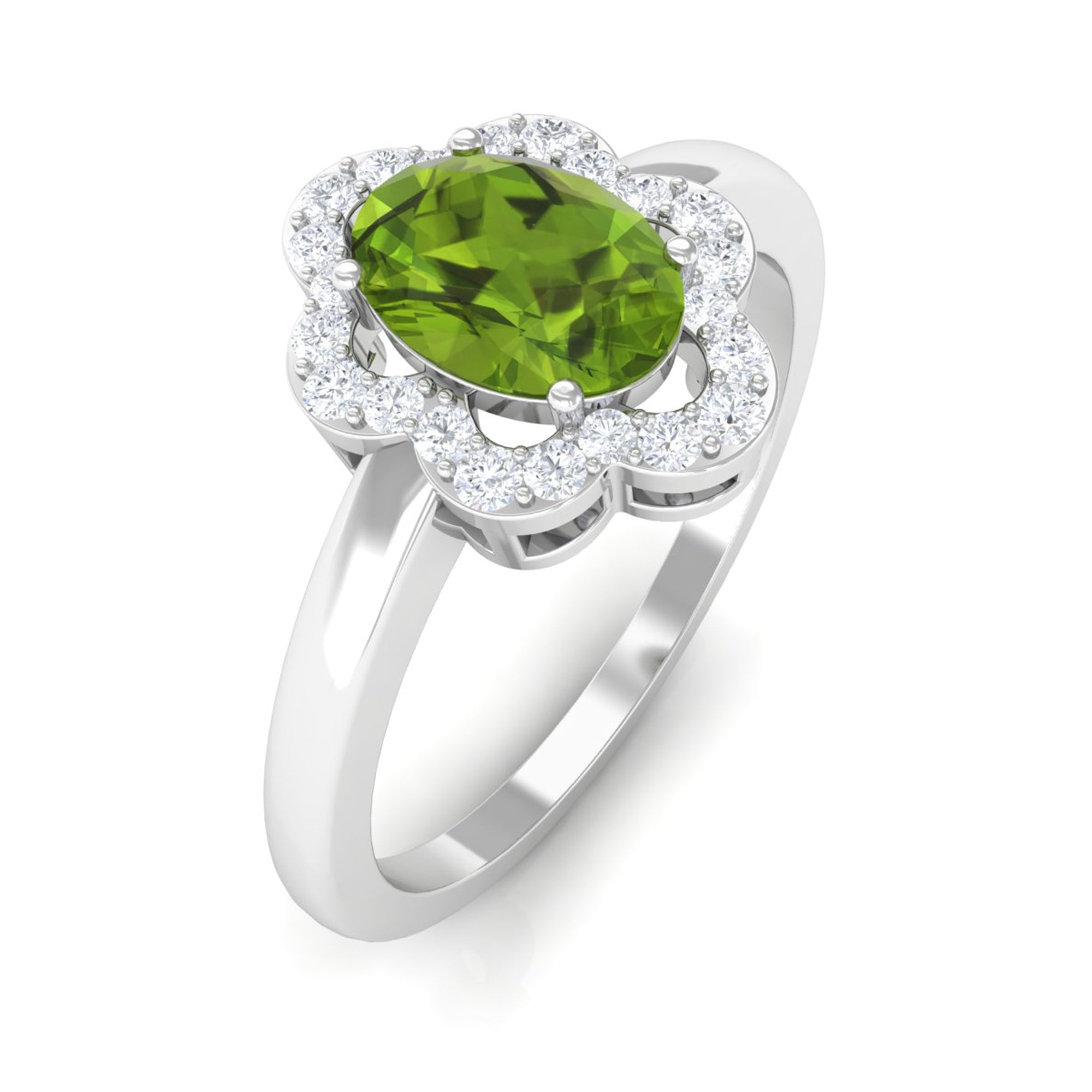 Oval Peridot Cocktail Flower Ring with Diamond Peridot - ( AAA ) - Quality - Rosec Jewels