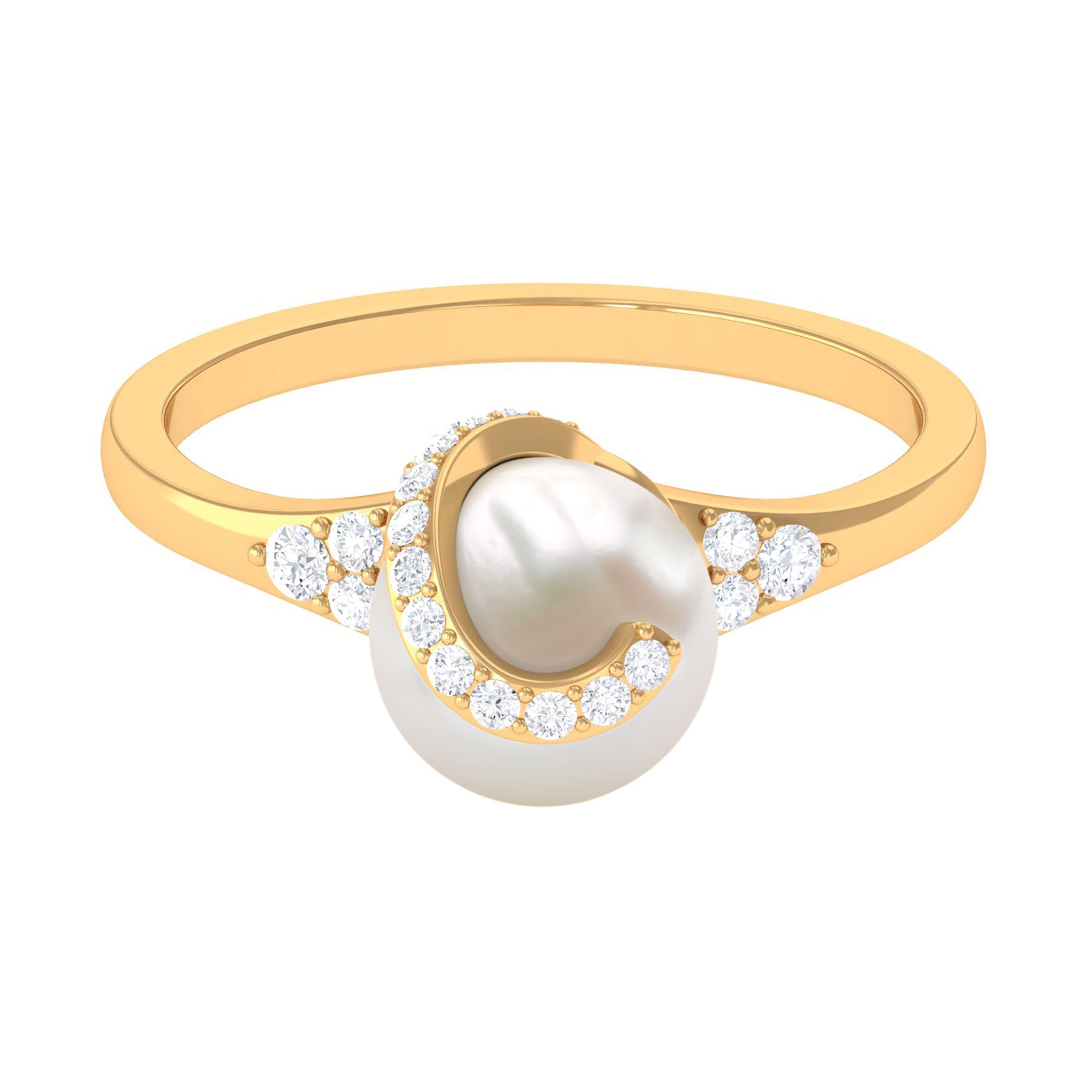 Elegant Freshwater Pearl Solitaire Ring with Diamond Trio Freshwater Pearl - ( AAA ) - Quality - Rosec Jewels