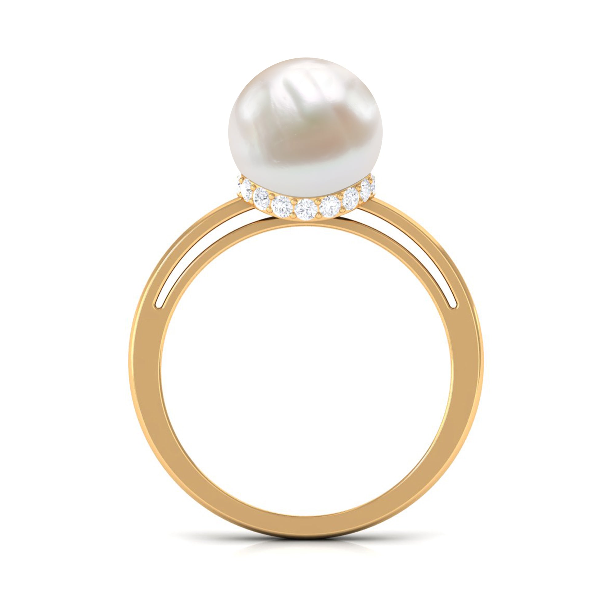 Round Freshwater Pearl Solitaire Ring with Diamond Hidden Halo Freshwater Pearl - ( AAA ) - Quality - Rosec Jewels