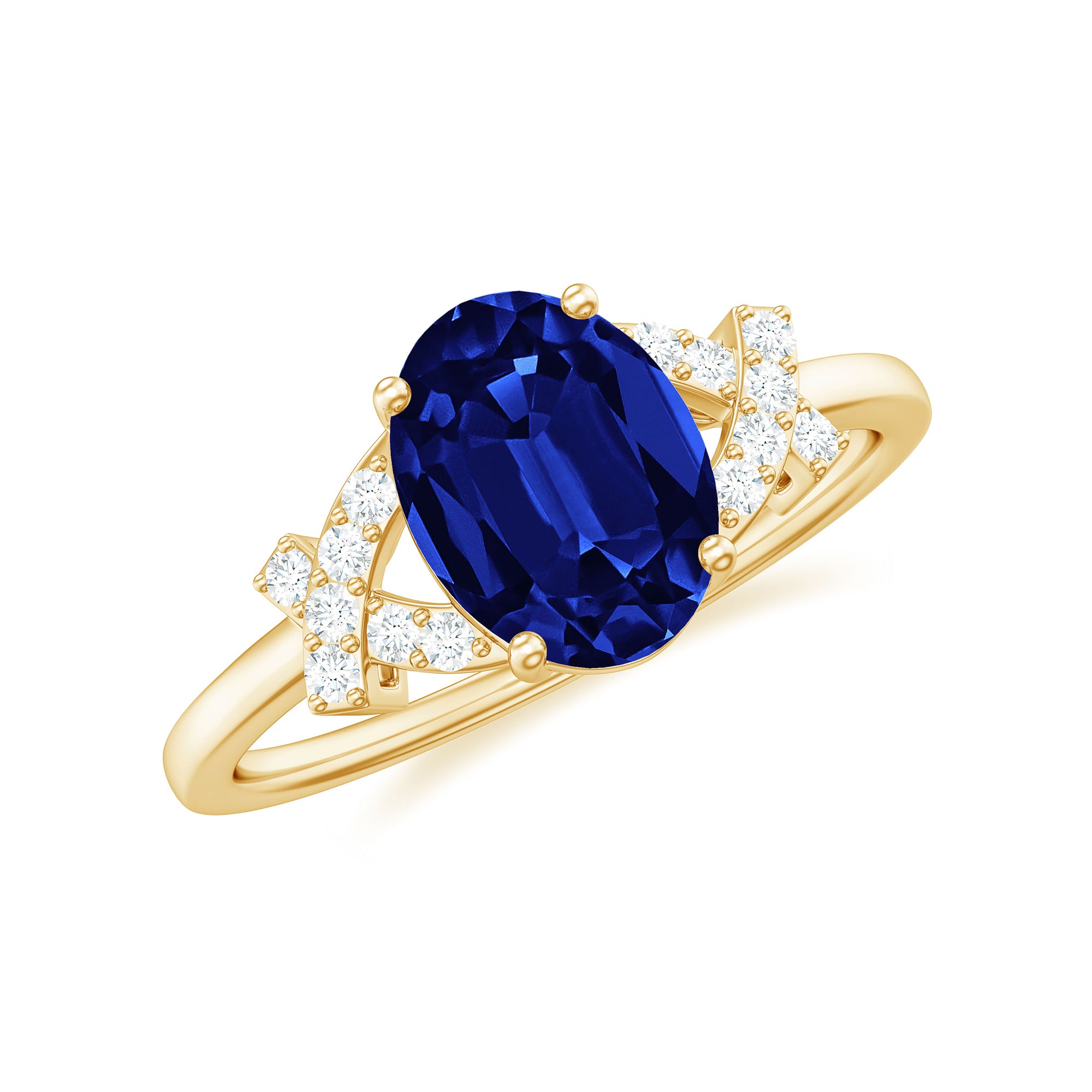 Split Shank Oval Created Blue Sapphire and Diamond Solitaire Engagement Ring Lab Created Blue Sapphire - ( AAAA ) - Quality - Rosec Jewels