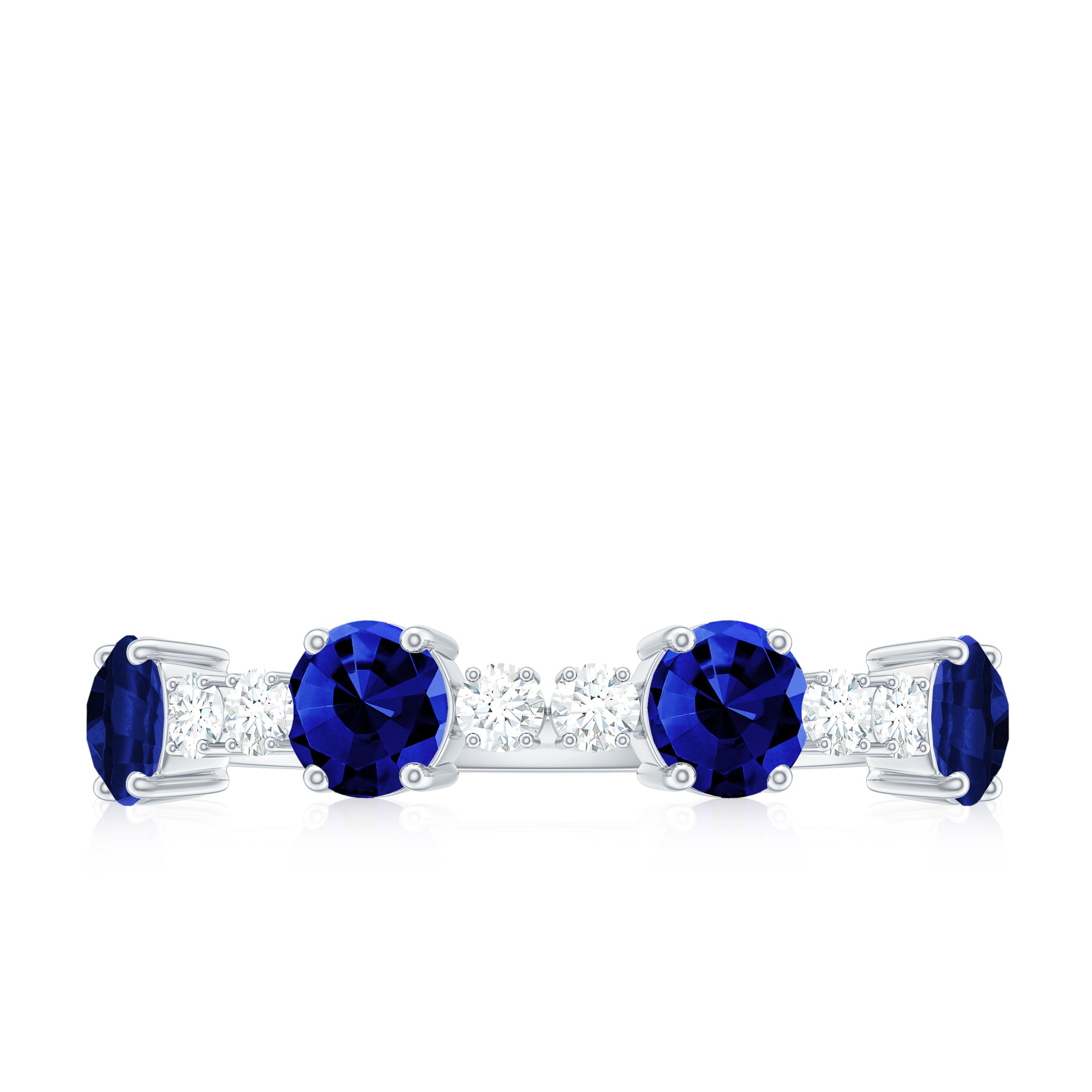 Round Created Blue Sapphire and Diamond Alternate Half Eternity Ring Lab Created Blue Sapphire - ( AAAA ) - Quality - Rosec Jewels