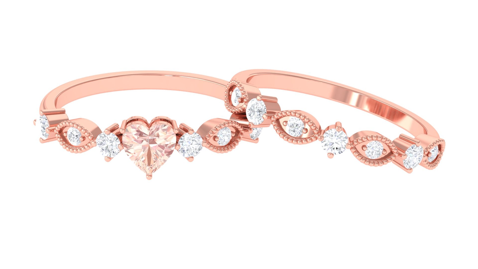 Heart Shape Morganite Stackable Ring Set with Diamond Morganite - ( AAA ) - Quality - Rosec Jewels