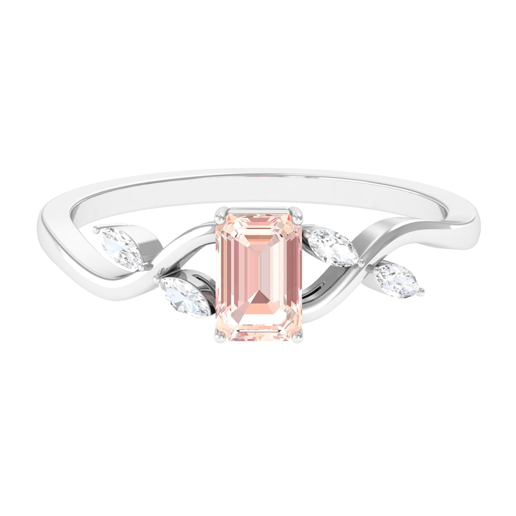 Emerald Cut Morganite and Diamond Solitaire Engagement Ring in Split Shank Morganite - ( AAA ) - Quality - Rosec Jewels