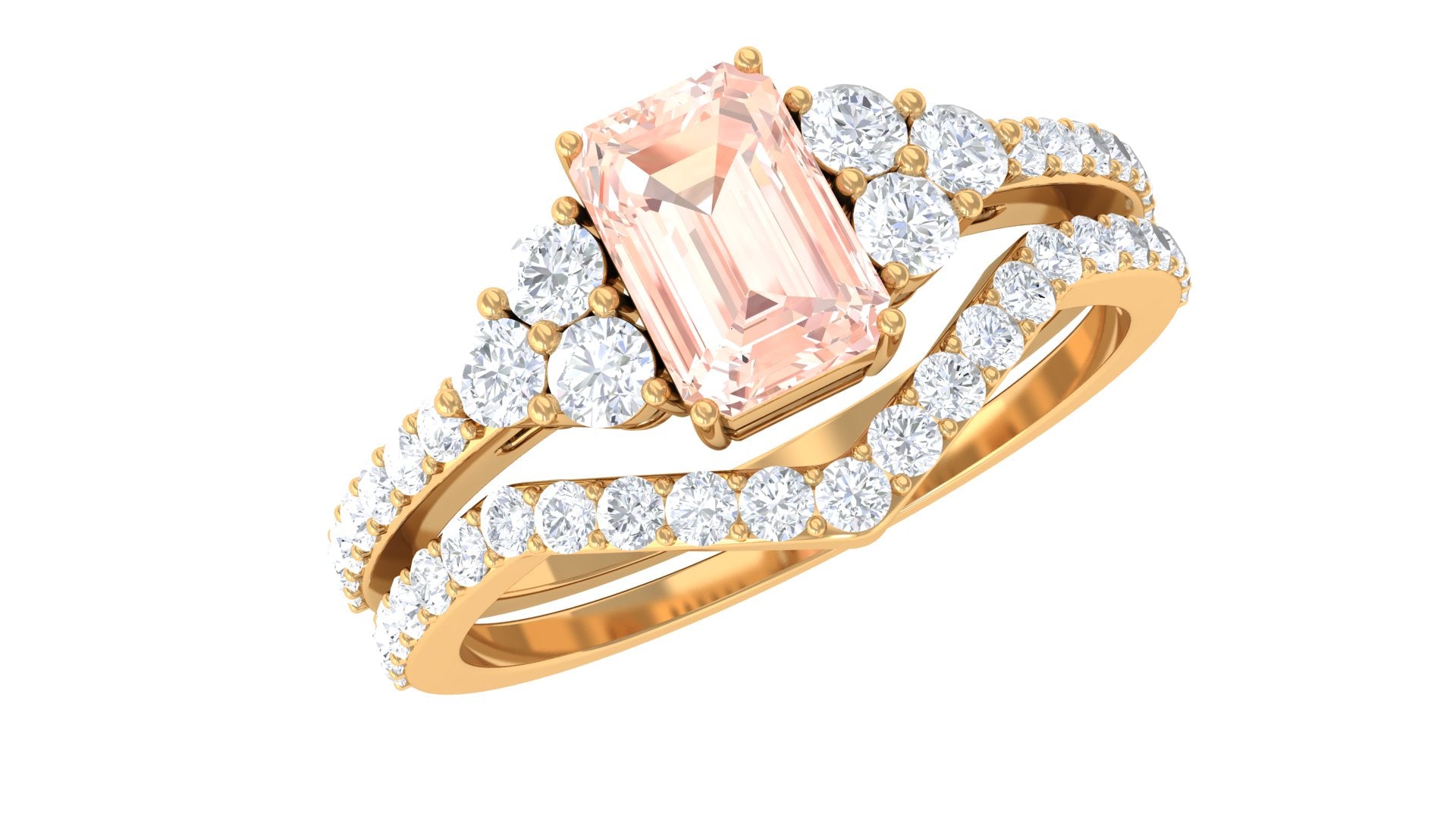 Real Morganite Stackable Ring Set with Diamond Morganite - ( AAA ) - Quality - Rosec Jewels