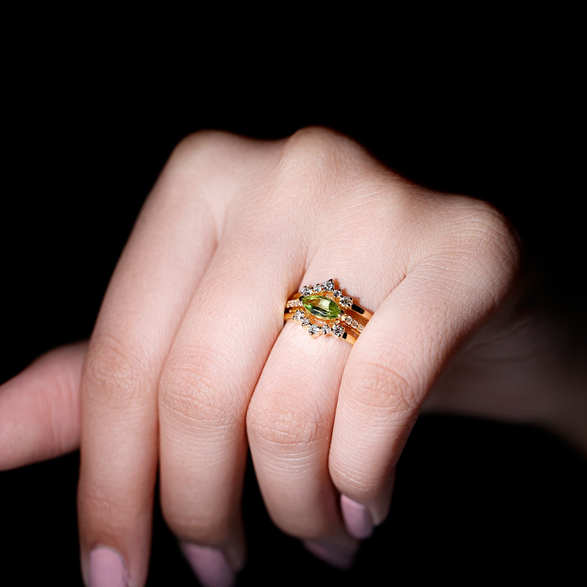 Natural Peridot and Diamond Ring Set in Prong Setting Peridot - ( AAA ) - Quality - Rosec Jewels