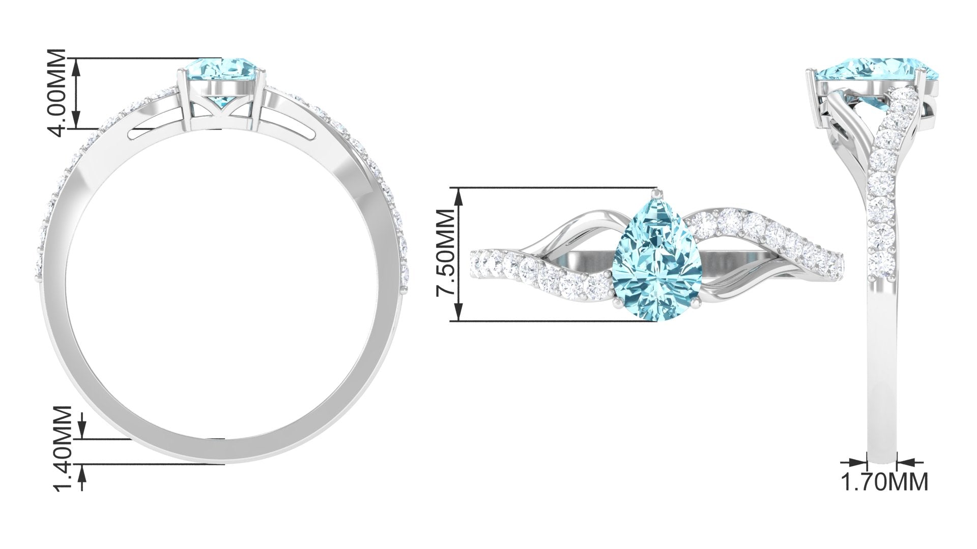 Split Shank Pear Cut Aquamarine Solitaire Ring with Diamond Aquamarine - ( AAA ) - Quality - Rosec Jewels