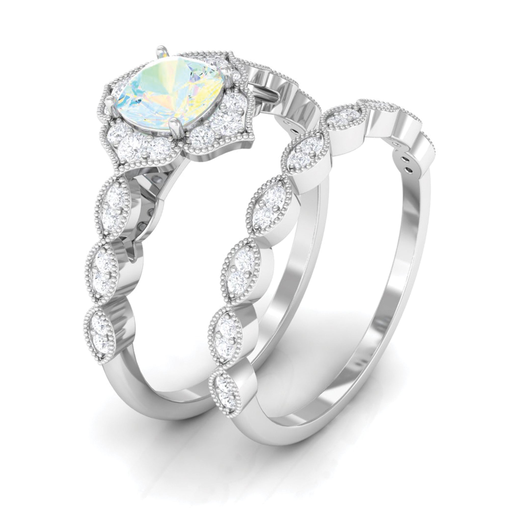 Ethiopian Opal Flower Ring Set with Diamond and Beaded Ethiopian Opal - ( AAA ) - Quality - Rosec Jewels