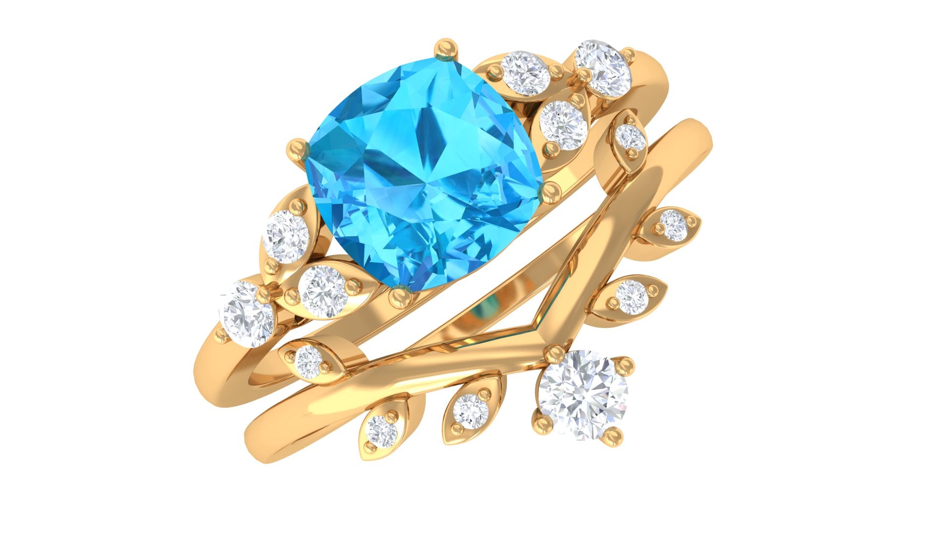 Cushion Cut Swiss Blue Topaz Solitaire Ring Set with Diamond Swiss Blue Topaz - ( AAA ) - Quality - Rosec Jewels