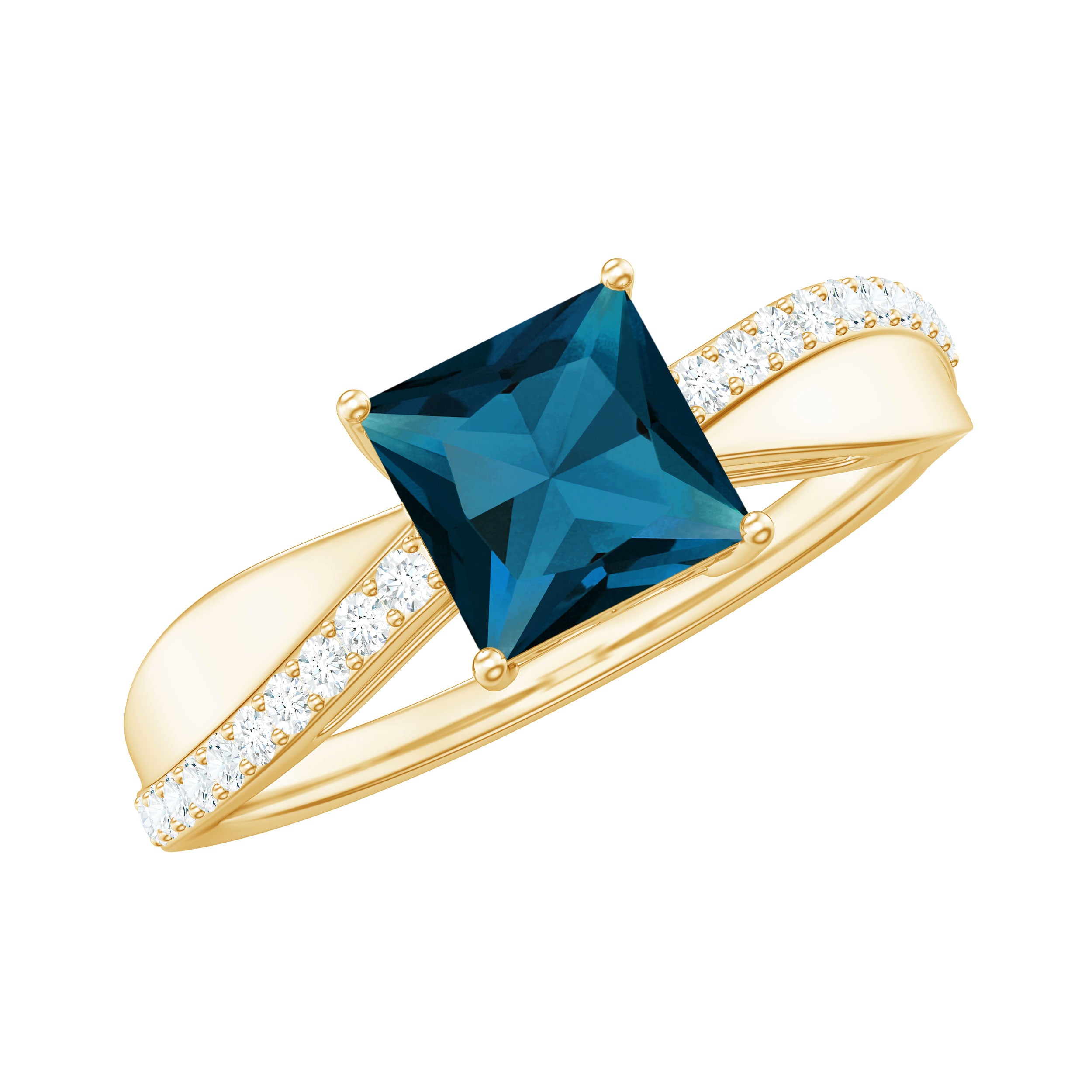 Princess Cut Real London Blue Topaz Solitaire Engagement Ring with Diamond London Blue Topaz - ( AAA ) - Quality - Rosec Jewels