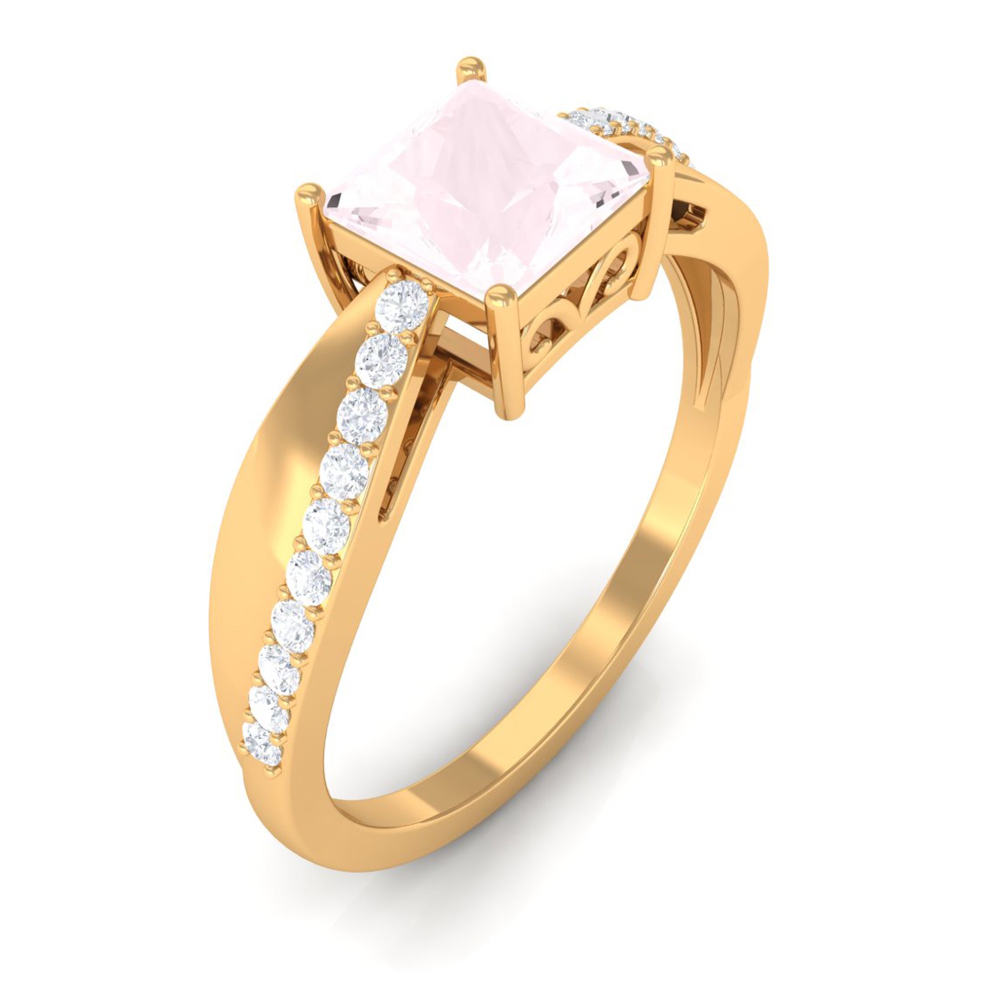 Princess Cut Rose Quartz Solitaire Engagement Ring with Diamond Rose Quartz - ( AAA ) - Quality - Rosec Jewels