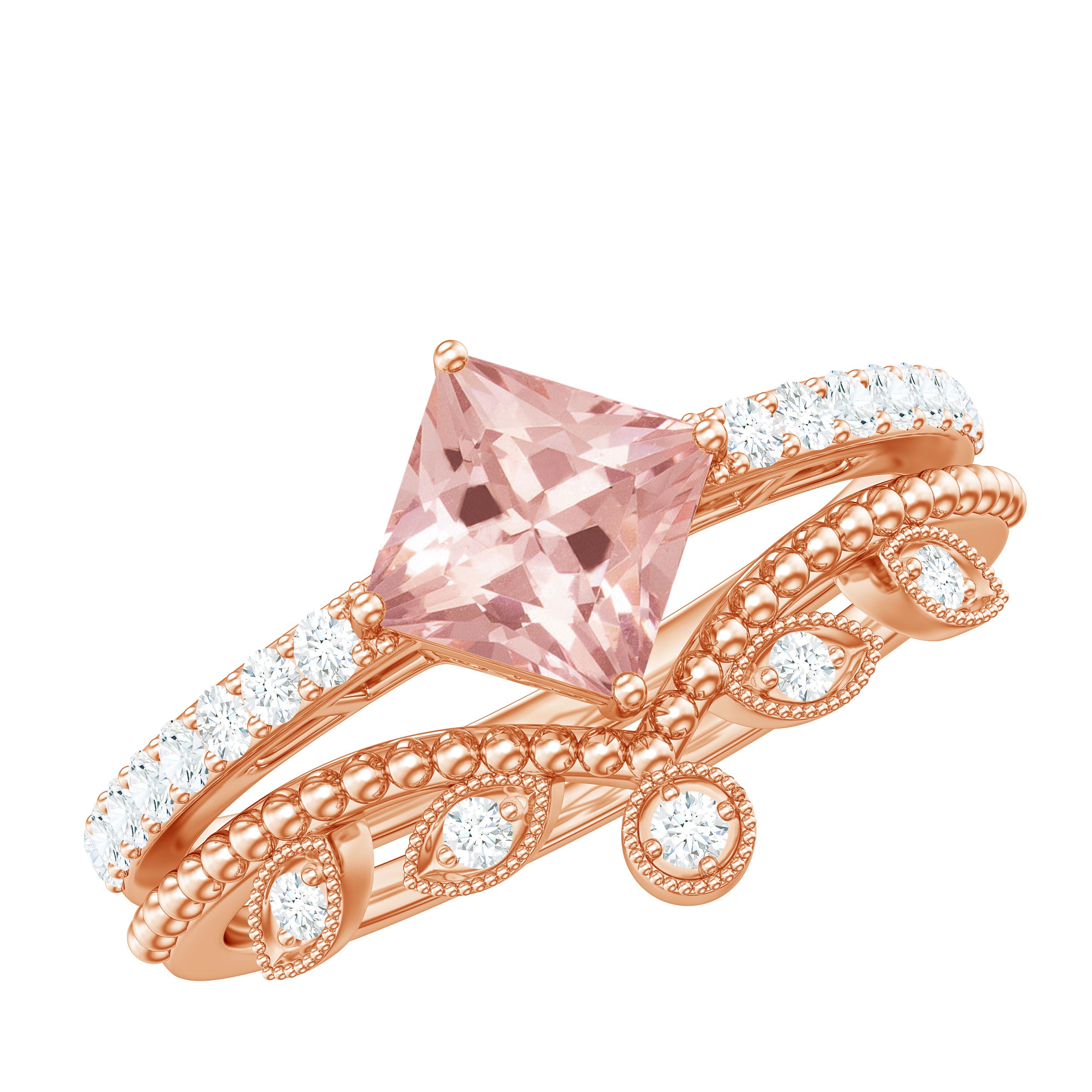 1.25 CT Vintage Style Princess Cut Morganite Ring Set with Diamond Morganite - ( AAA ) - Quality - Rosec Jewels