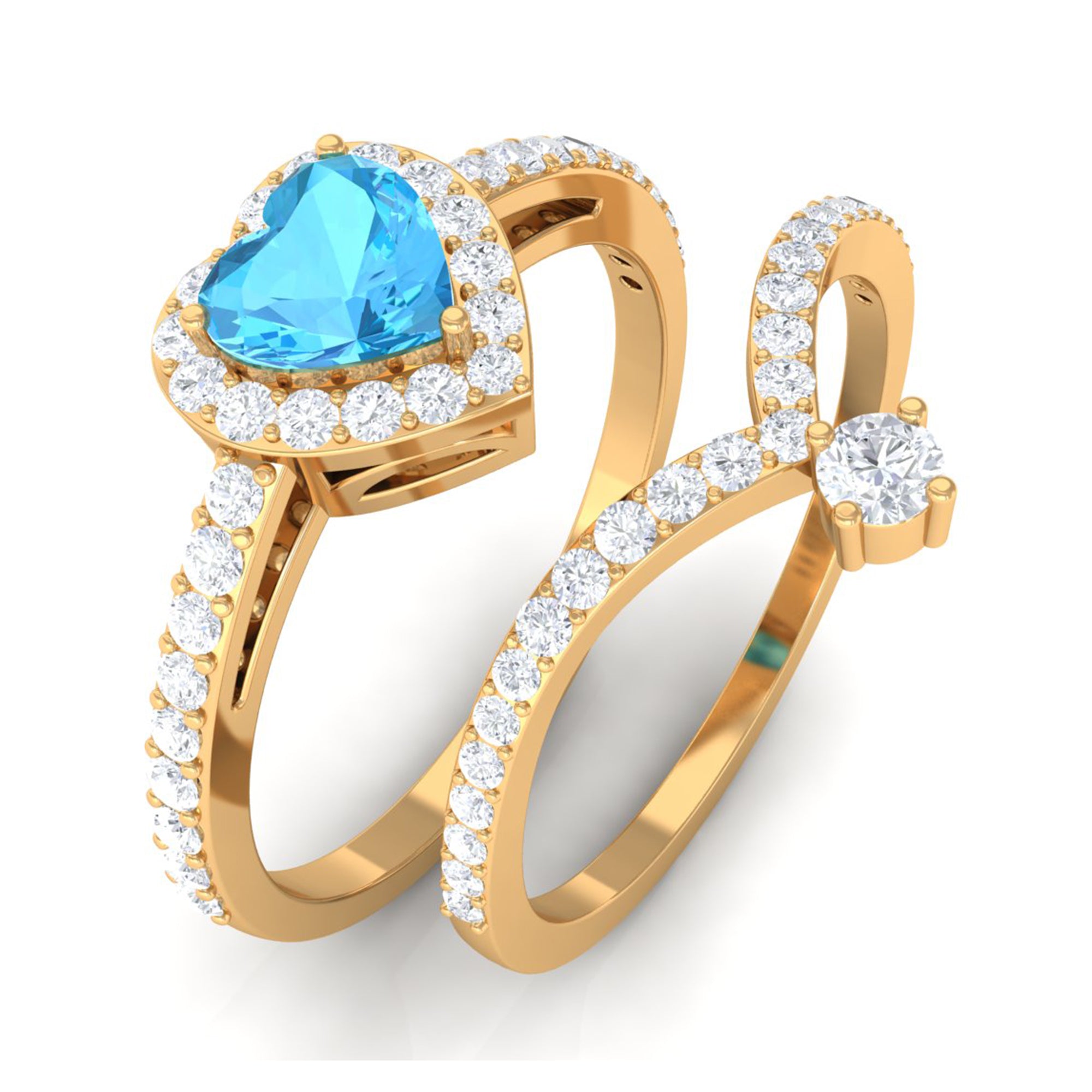 Heart Swiss Blue Topaz Ring Set with Moissanite Swiss Blue Topaz - ( AAA ) - Quality - Rosec Jewels