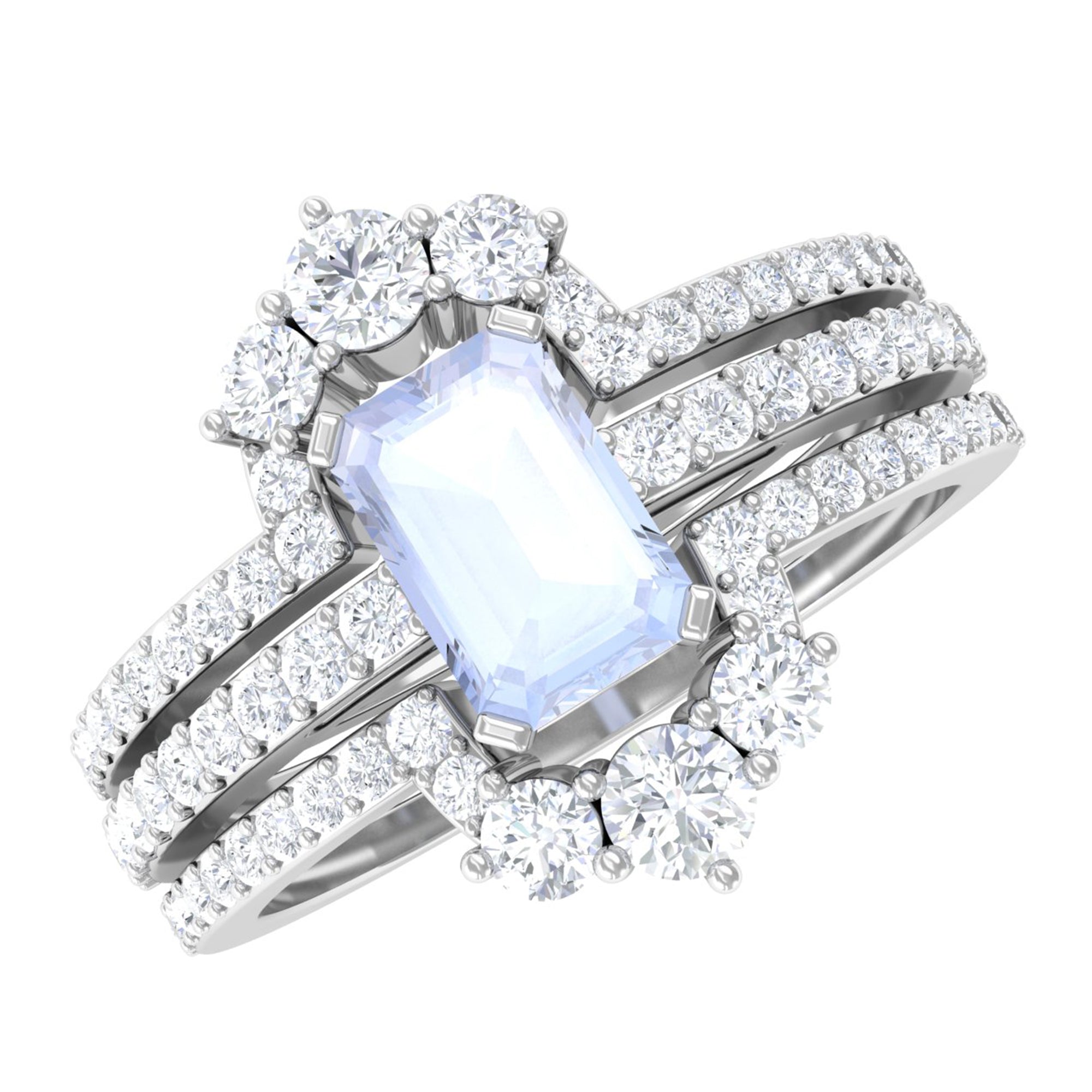 Octagon Cut Moonstone Solitaire Trio Ring Set with Moissanite Moonstone - ( AAA ) - Quality - Rosec Jewels