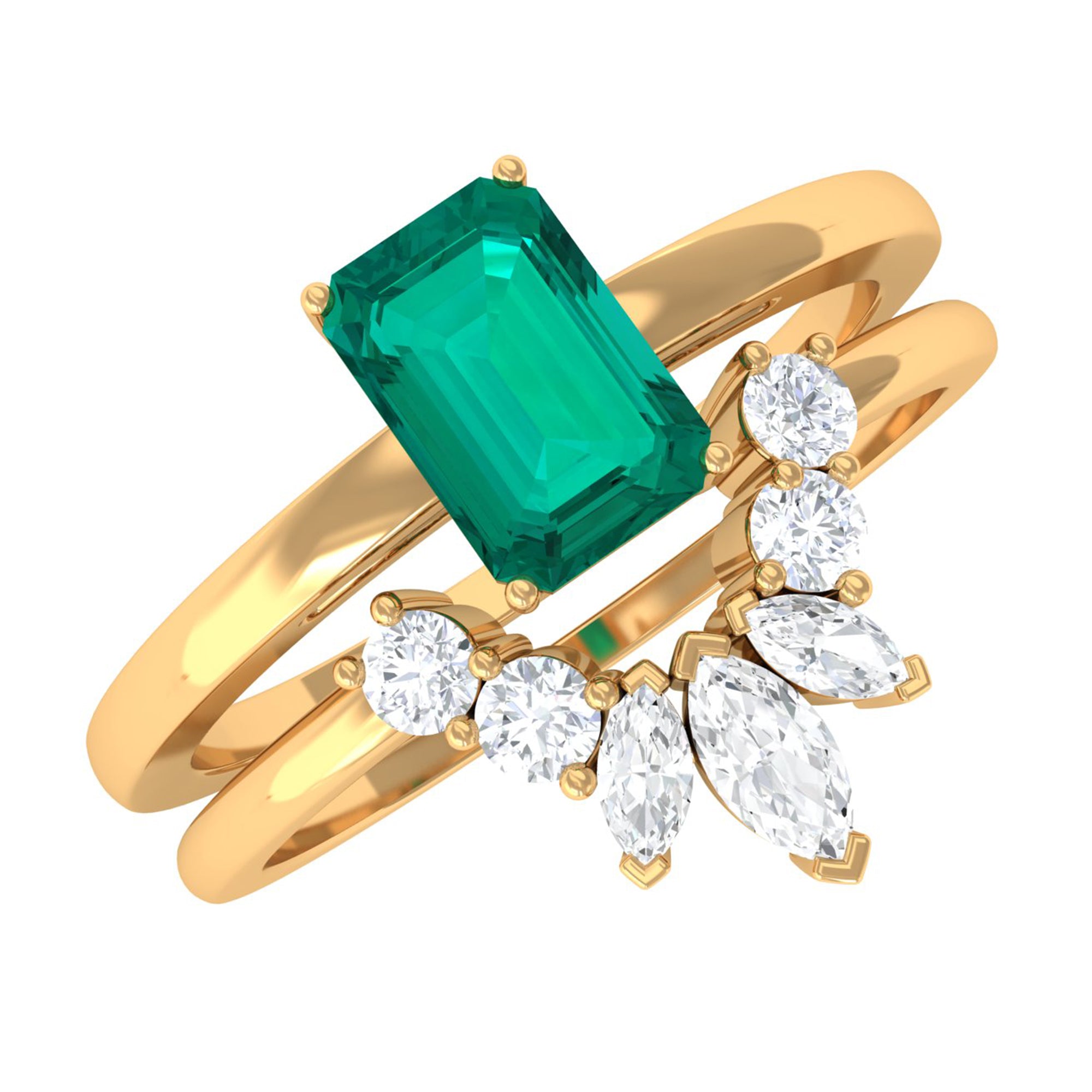 Octagon shape Emerald Wedding Ring Set with Diamond Emerald - ( AAA ) - Quality - Rosec Jewels