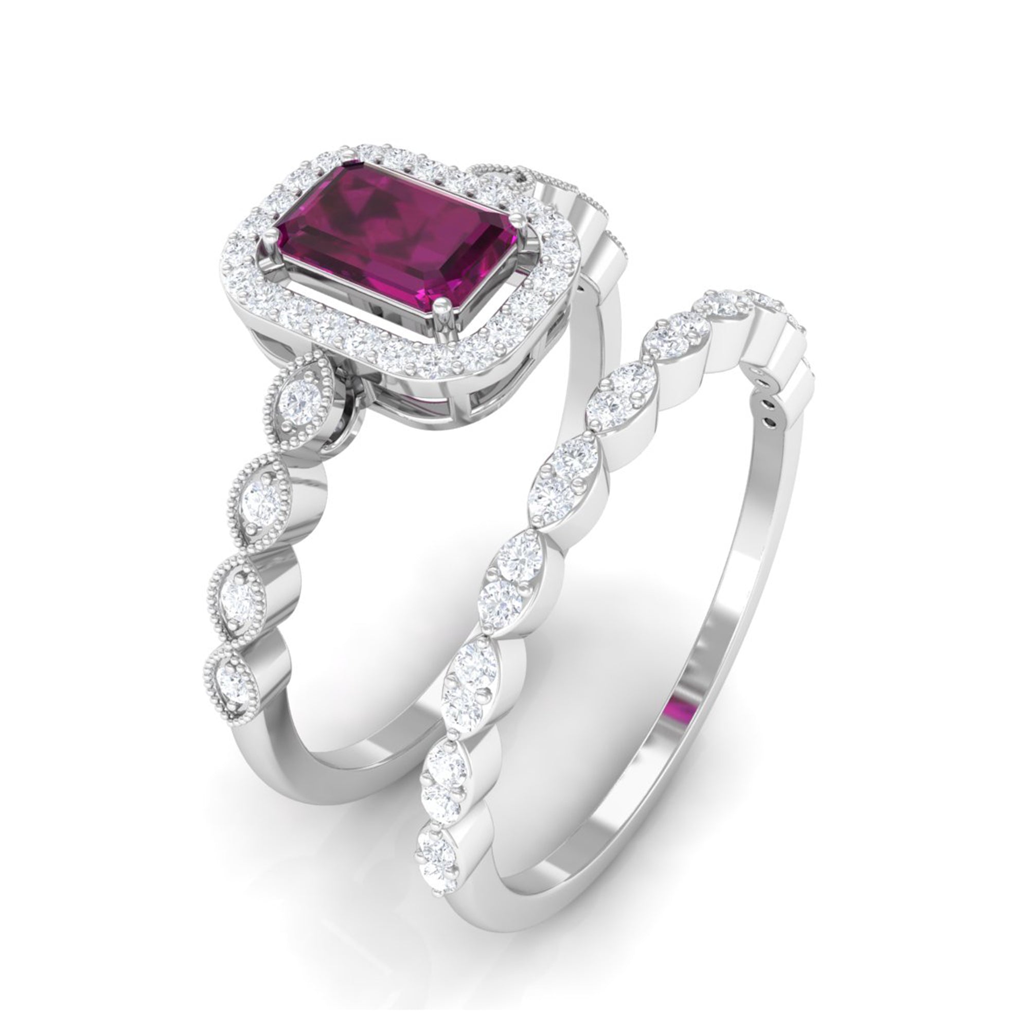 1.25 CT Emerald Cut Rhodolite and Diamond Designer Ring Set Rhodolite - ( AAA ) - Quality - Rosec Jewels