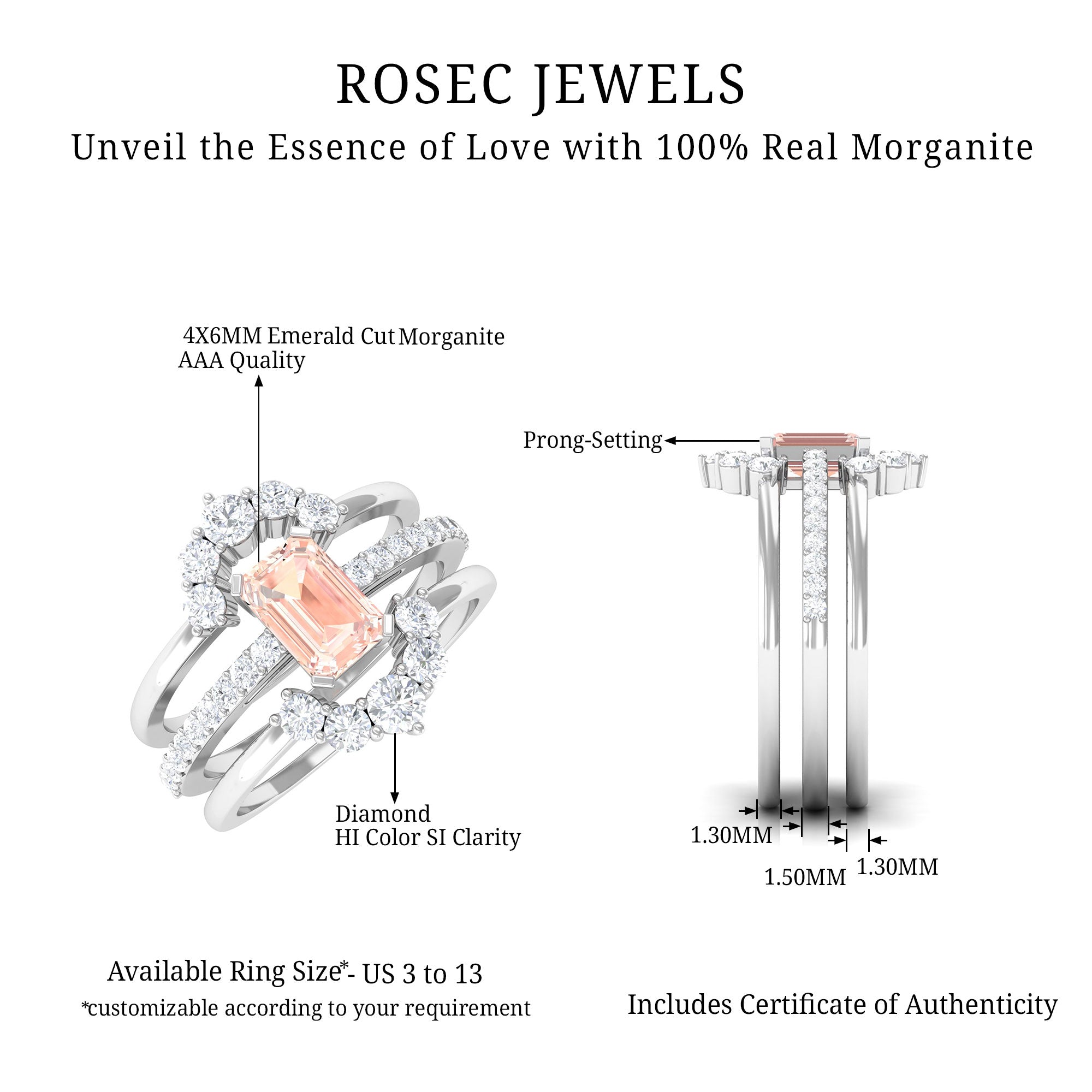 Real Morganite Solitaire Trio Ring Set with Diamond Morganite - ( AAA ) - Quality - Rosec Jewels