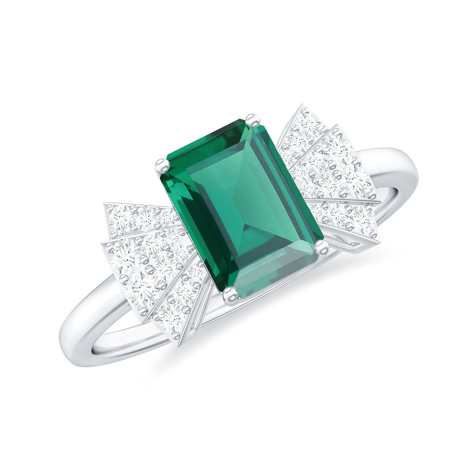 2 CT Octagon Cut Created Emerald and Diamond Solitaire Engagement Ring Lab Created Emerald - ( AAAA ) - Quality - Rosec Jewels