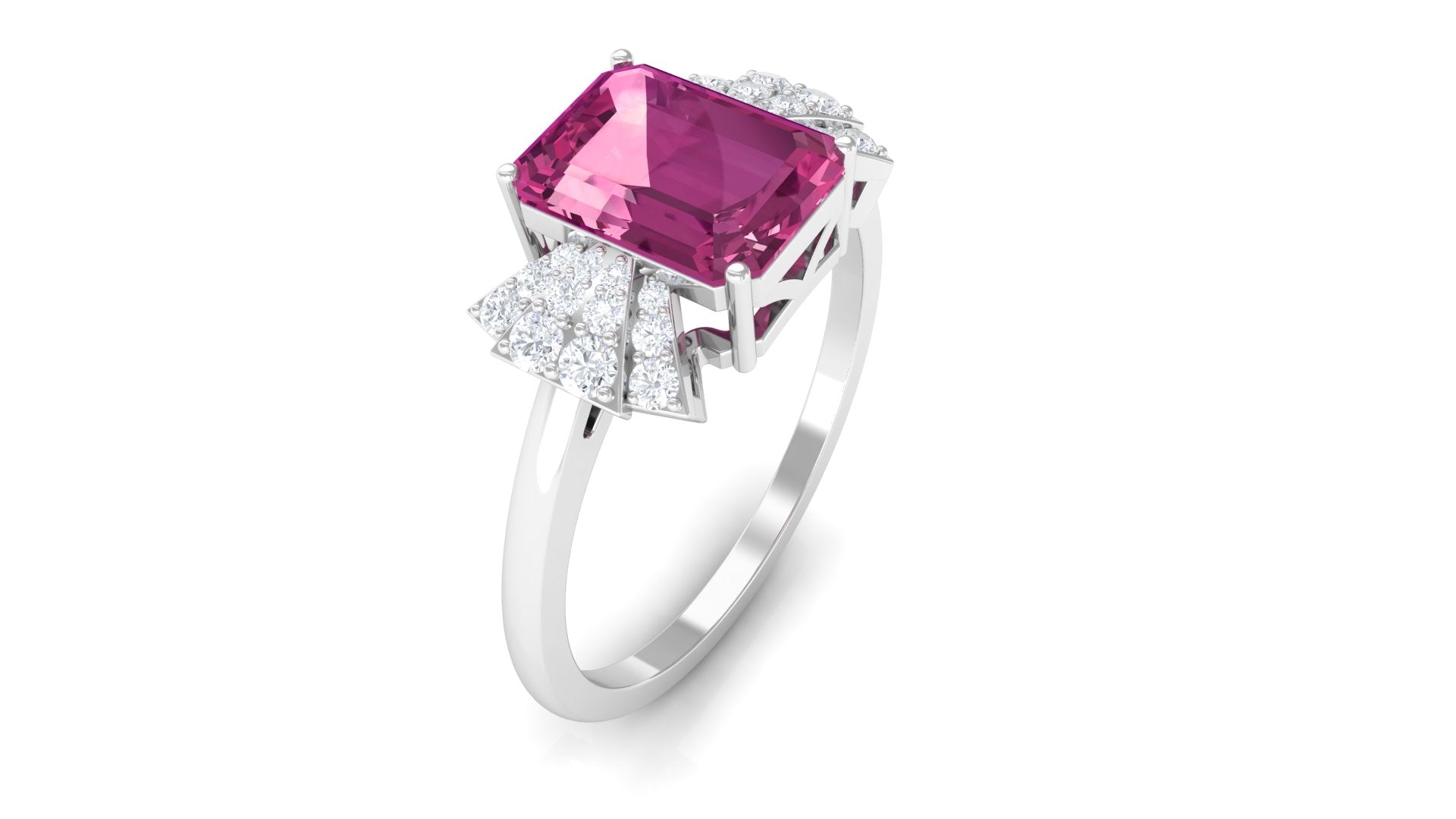 Octagon Cut Pink Tourmaline and Diamond Designer Solitaire Ring Pink Tourmaline - ( AAA ) - Quality - Rosec Jewels