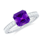 Asscher Cut Amethyst Solitaire Ring with Diamond Side Stones Amethyst - ( AAA ) - Quality - Rosec Jewels