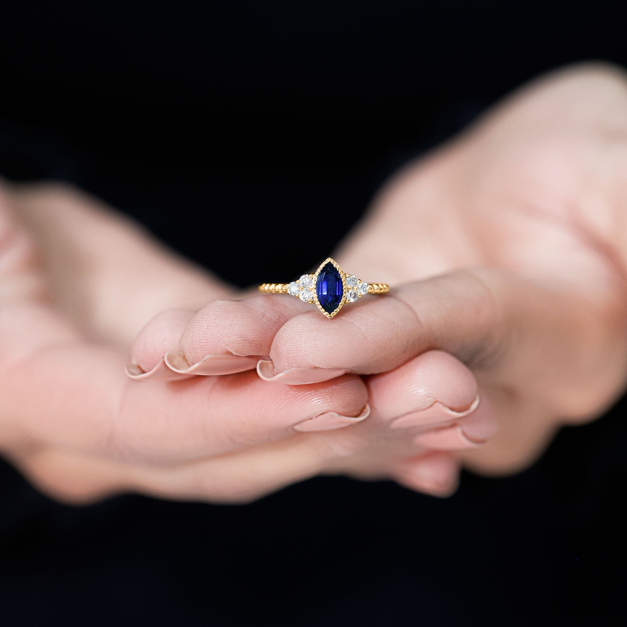 Marquise Cut Created Blue Sapphire Promise Ring With Diamond Lab Created Blue Sapphire - ( AAAA ) - Quality - Rosec Jewels