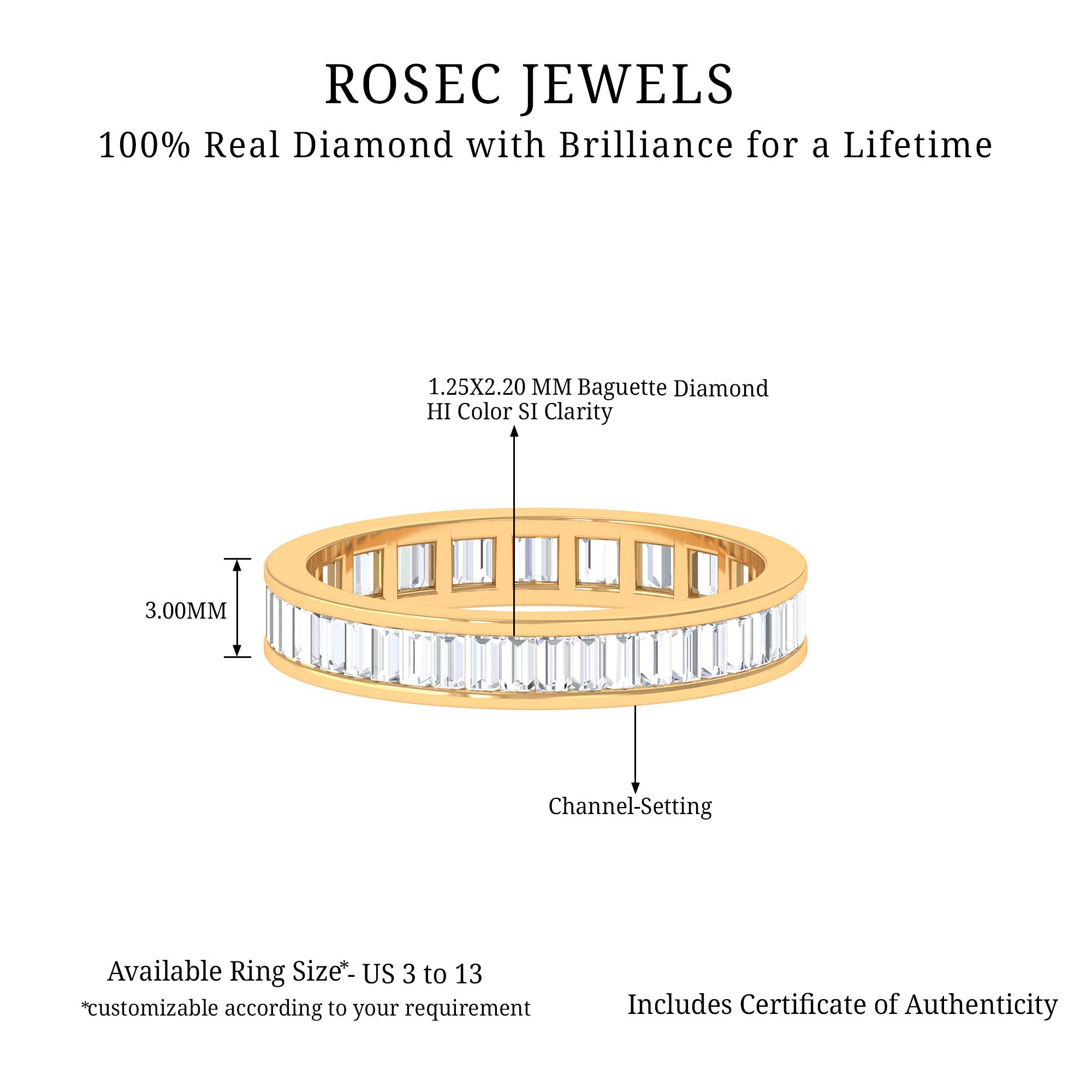 1.25 CT Baguette Cut Natural Diamond Eternity Ring in Channel Setting Diamond - ( HI-SI ) - Color and Clarity - Rosec Jewels