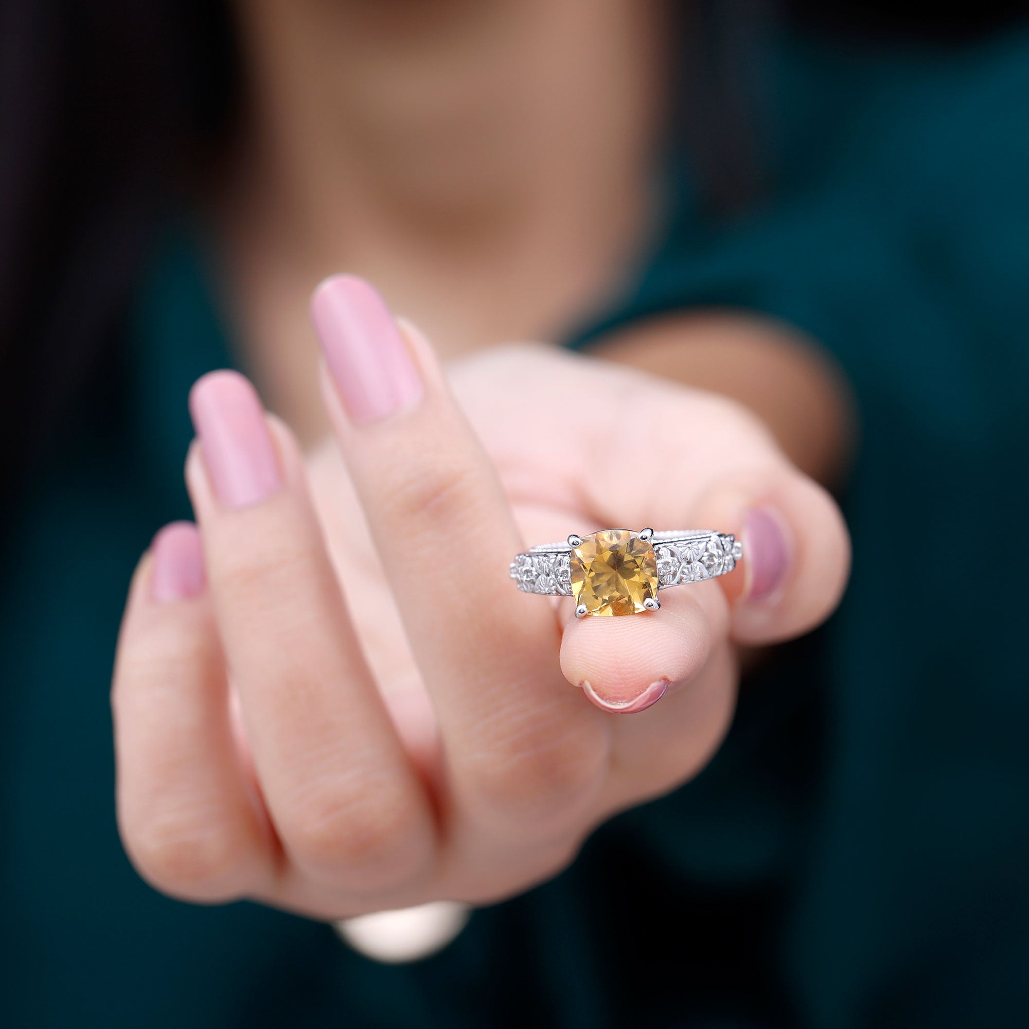 Vintage Inspired Cushion Cut Citrine Solitaire Ring with Diamond Citrine - ( AAA ) - Quality - Rosec Jewels