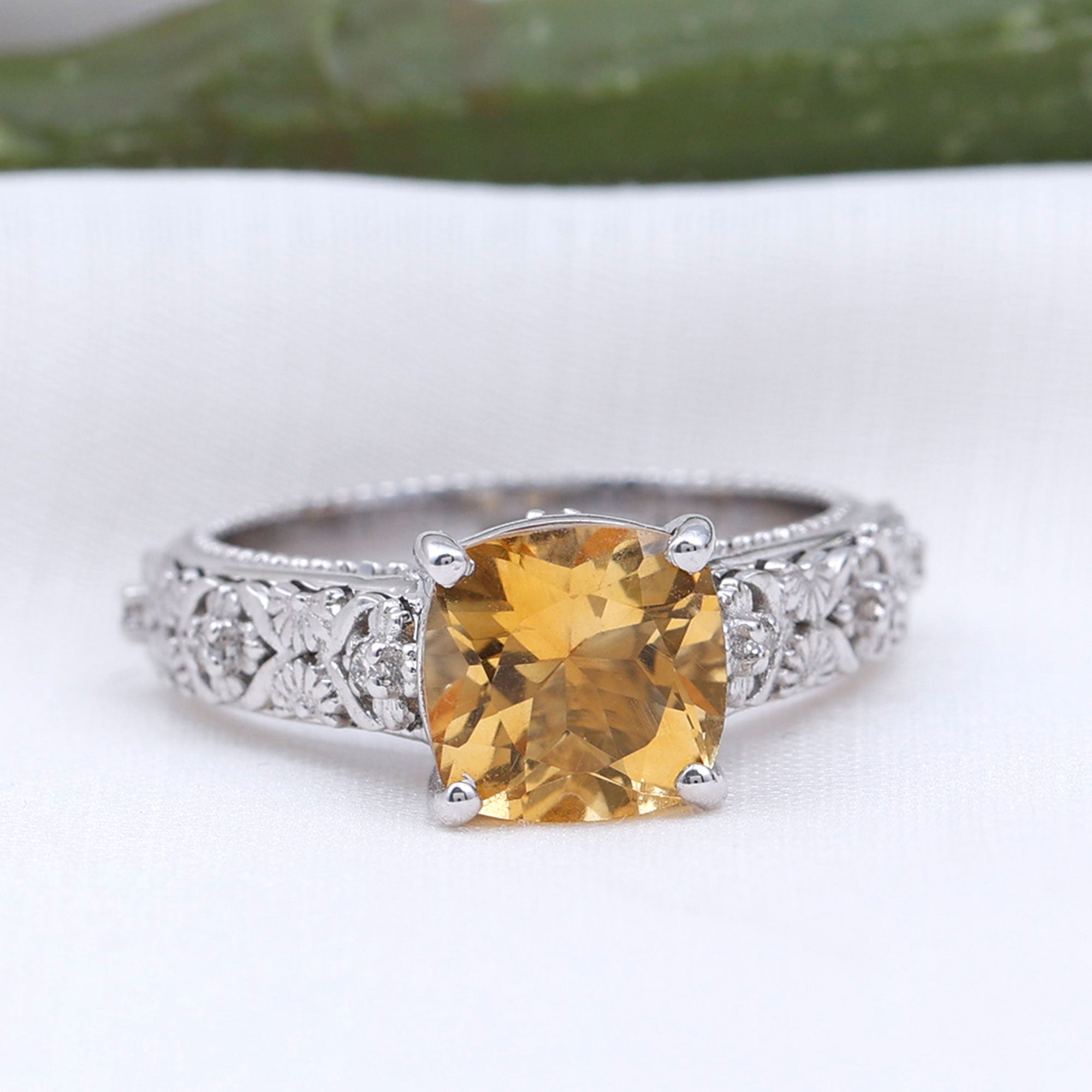 Vintage Inspired Cushion Cut Citrine Solitaire Ring with Diamond Citrine - ( AAA ) - Quality - Rosec Jewels