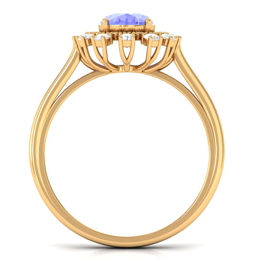 Vintage Inspired Oval Tanzanite and Diamond Halo Ring Tanzanite - ( AAA ) - Quality - Rosec Jewels